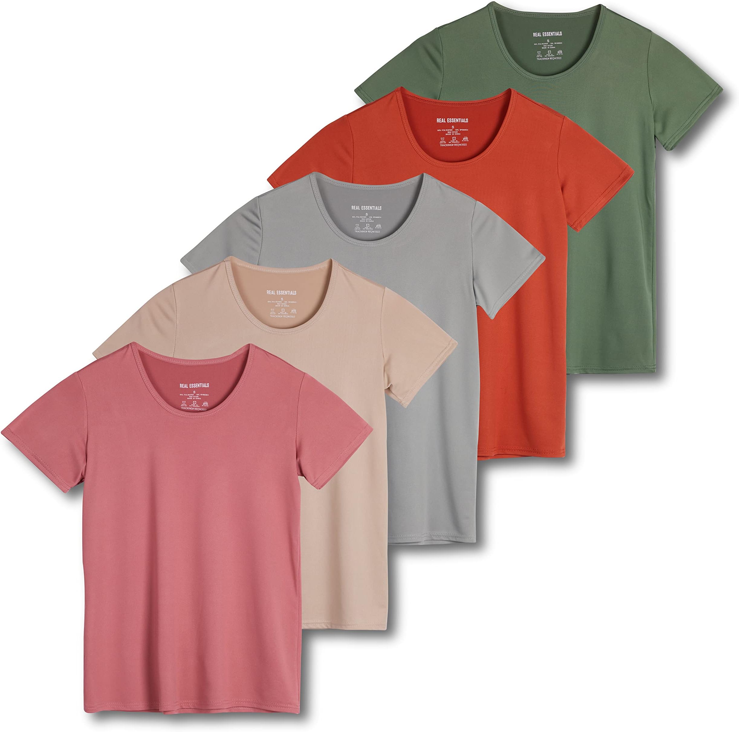 Real Essentials5 Pack: Women's Dry Fit Tech Stretch Short-Sleeve Crew Neck Athletic T-Shirt (Available in Plus Size)