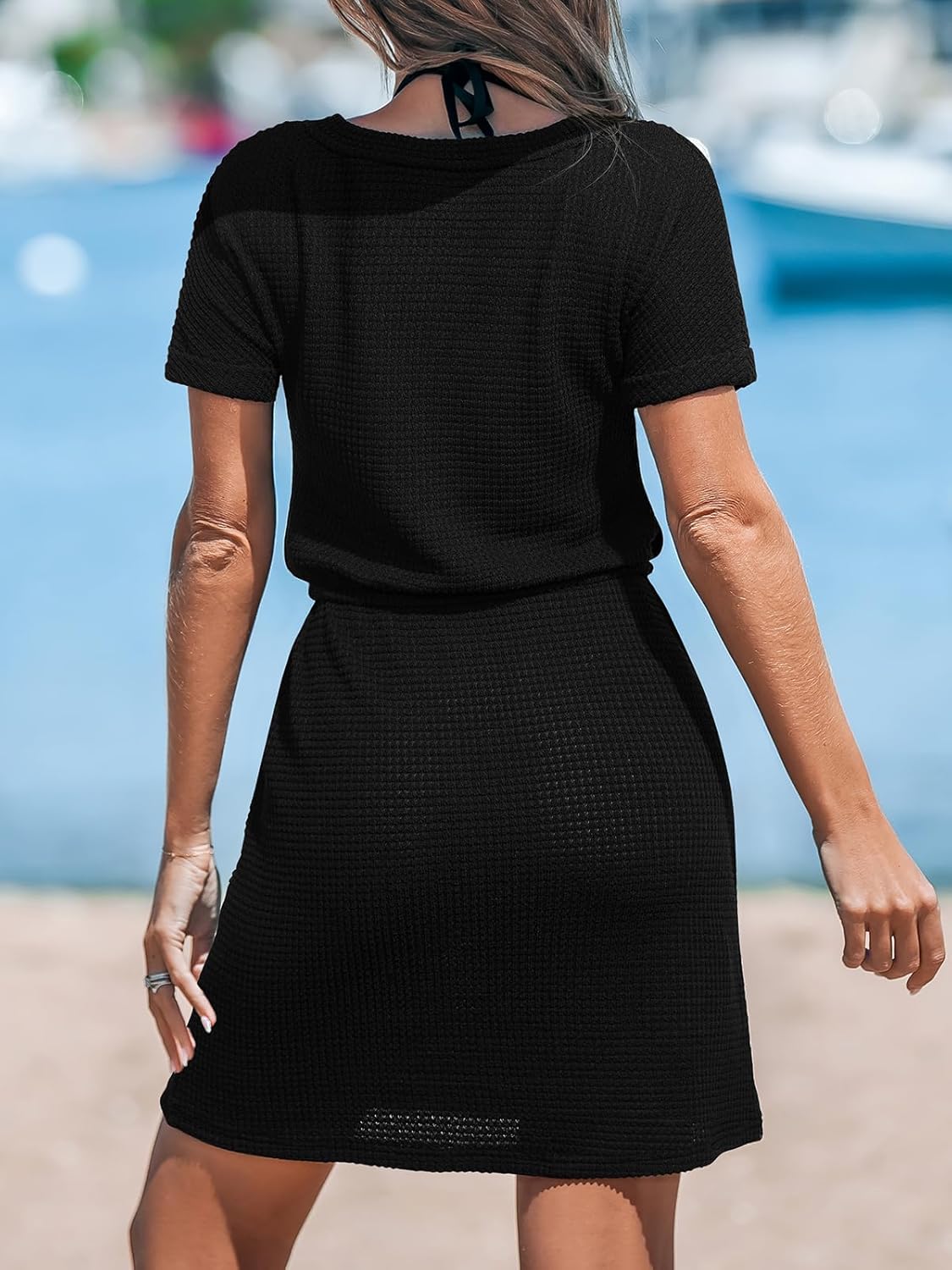 CUPSHE Women's Summer Dresses Waffle Knit V Neck Smocked Waist Beach Swimsuit Coverup Dress with Pockets - Image 2