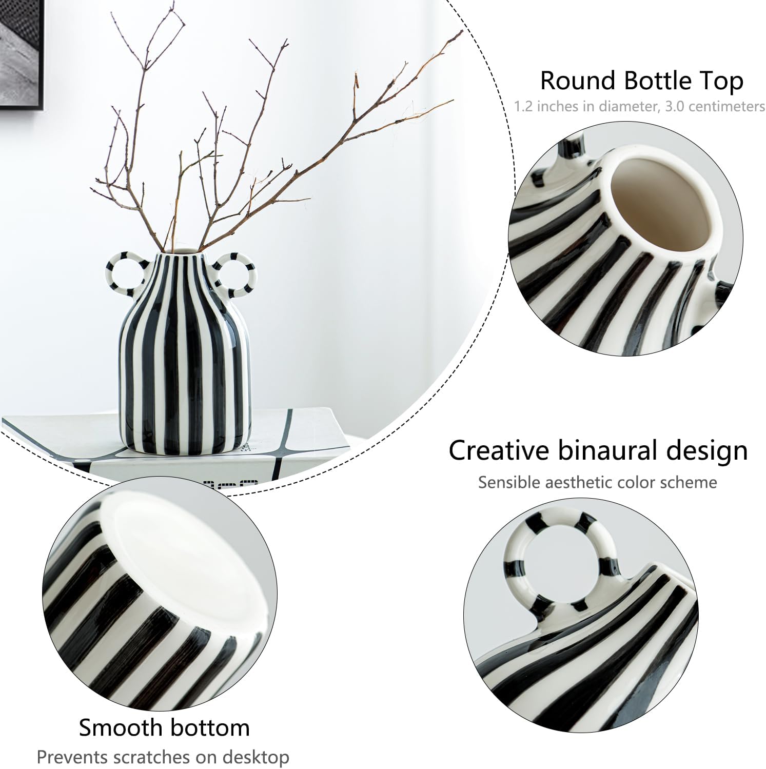Black and White Ceramic Vase, Mid Century Modern Striped Small Vases for Flower&Pampas Grass Centerpiece, Black White Checkered Vase for Dining Table Kitchen Tabletop Minimalist Decorative - Image 3