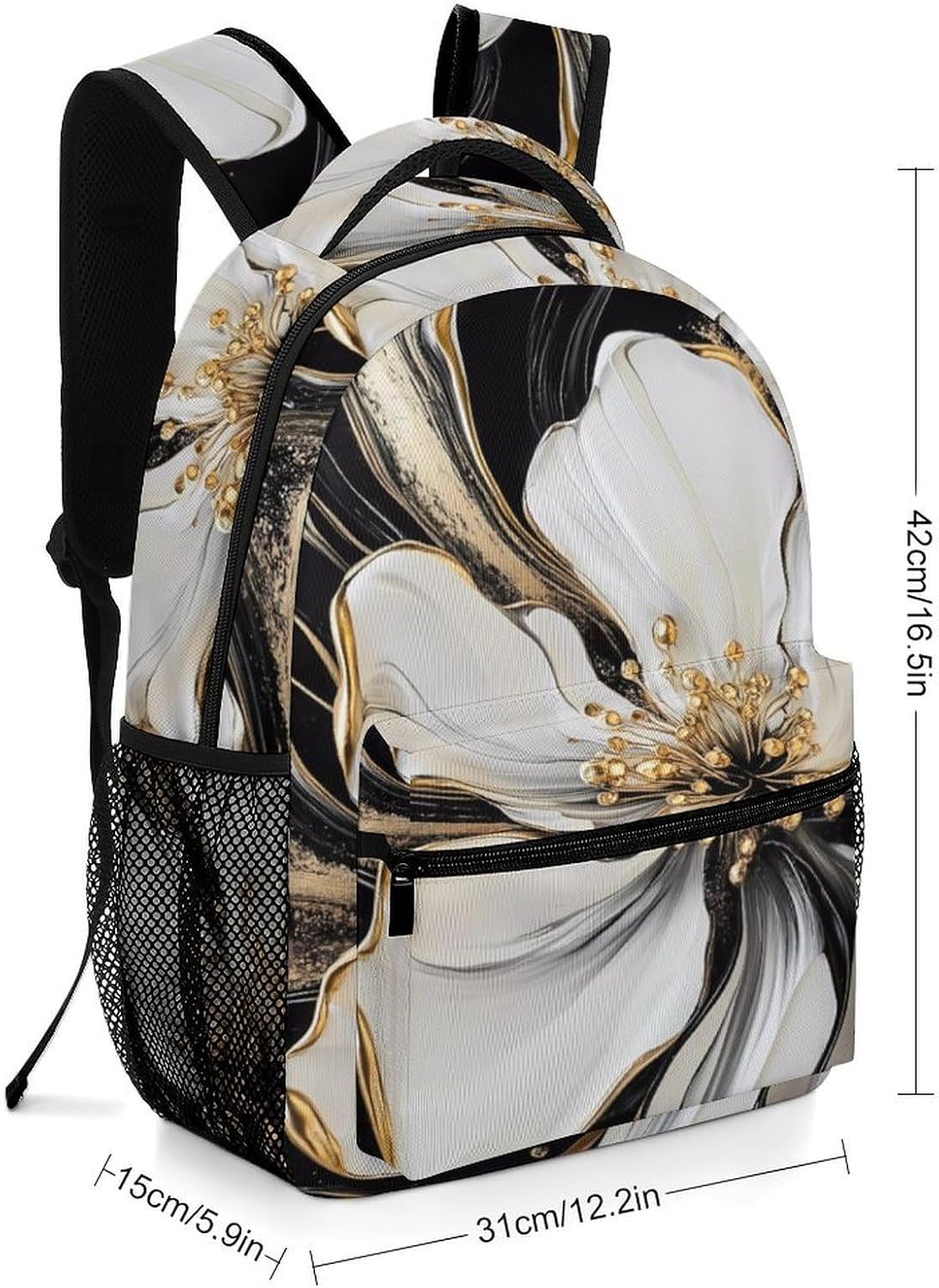 Black Gold Flower Laptop Backpack Lightweight Travel Daypack Shoulder Bag for Men Women