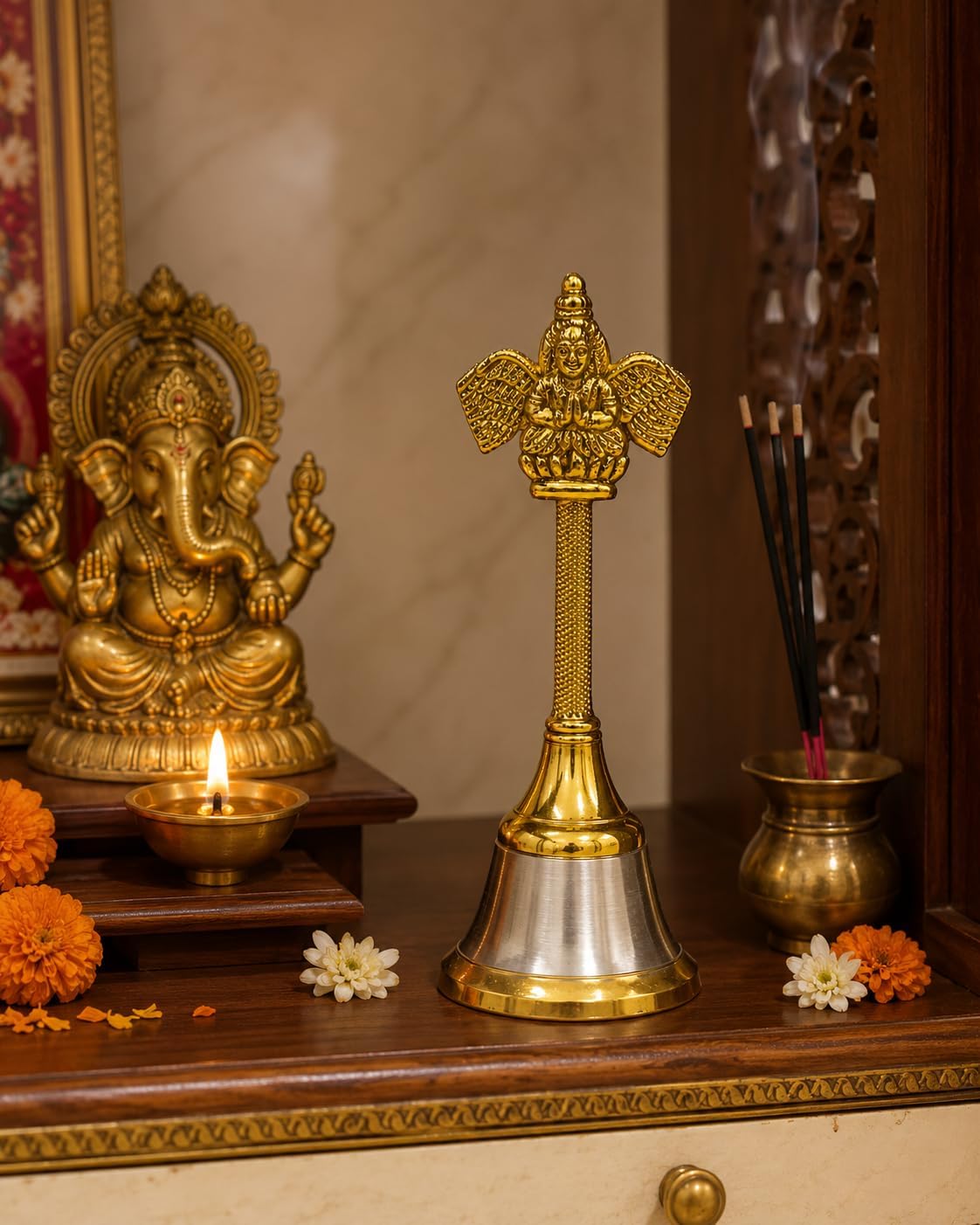 Brass Pooja Bell 4 Inch – Small Handheld Temple Ghanti for Home Mandir, Puja, Aarti & Religious Rituals – Gold & Silver Finish Traditional Prayer Bell
