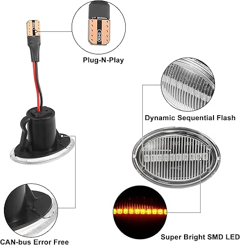 Miniatura 3 de X AUTOHAUX 1 par de luces LED de señalización lateral, luces direccionales para Fiat 500 2 puertas 2007-2019 68259985AA ABS metal negro transparente