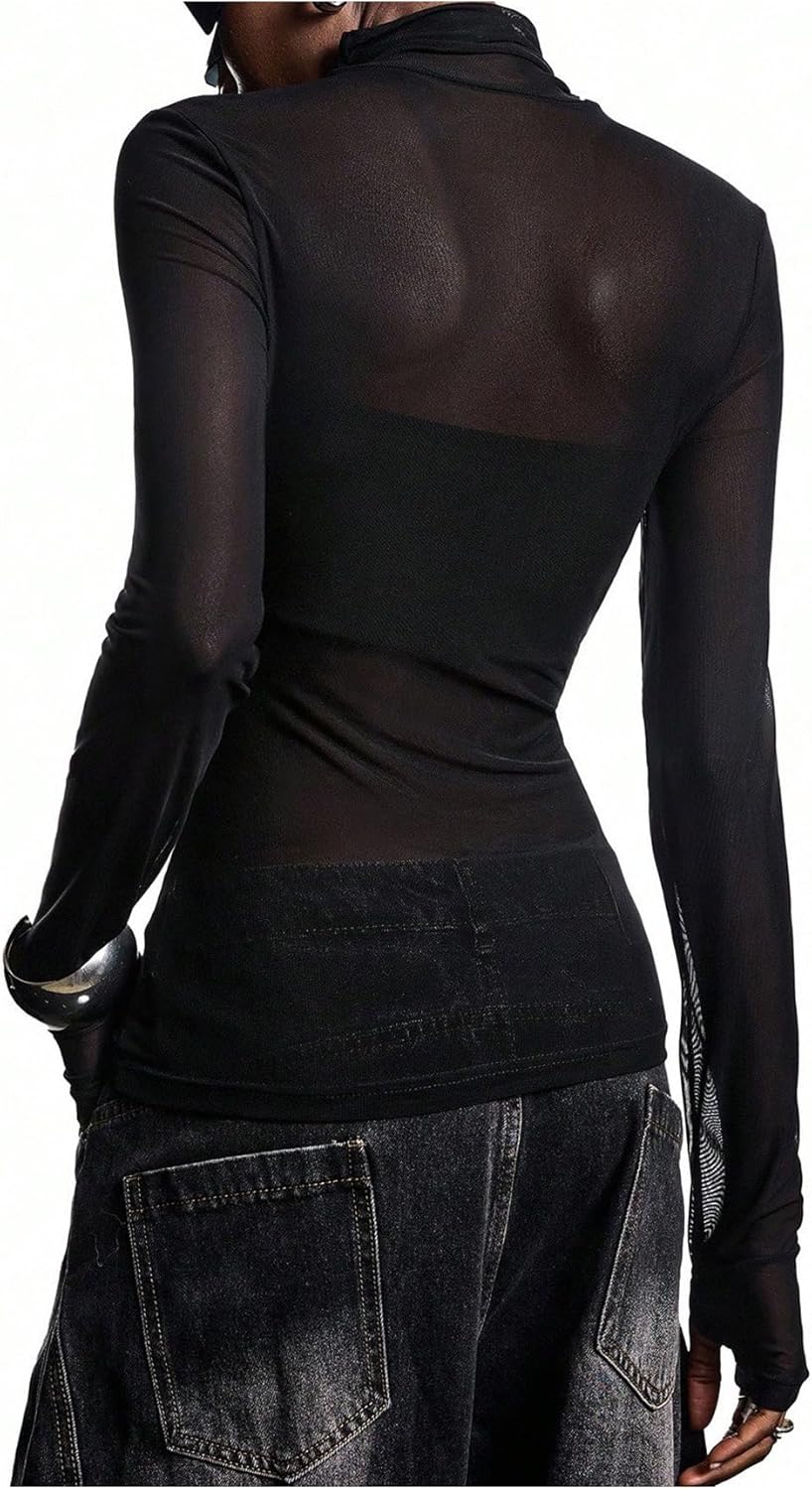 MakeMeChic Women's Mesh Sheer T Shirt High Neck Cross Long Sleeve Fitted Party Night Out Tops - Image 2