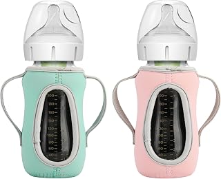 Beautyflier Sleeve Covers for Dr. Brown's Anti-Colic Glass Baby Bottle 9oz | 3.3mm Thicken Heat and Cold Retention Baby Bottle Sleeve for Wide-Neck Glass Baby Bottle, Pink + Green, Sleeve Only