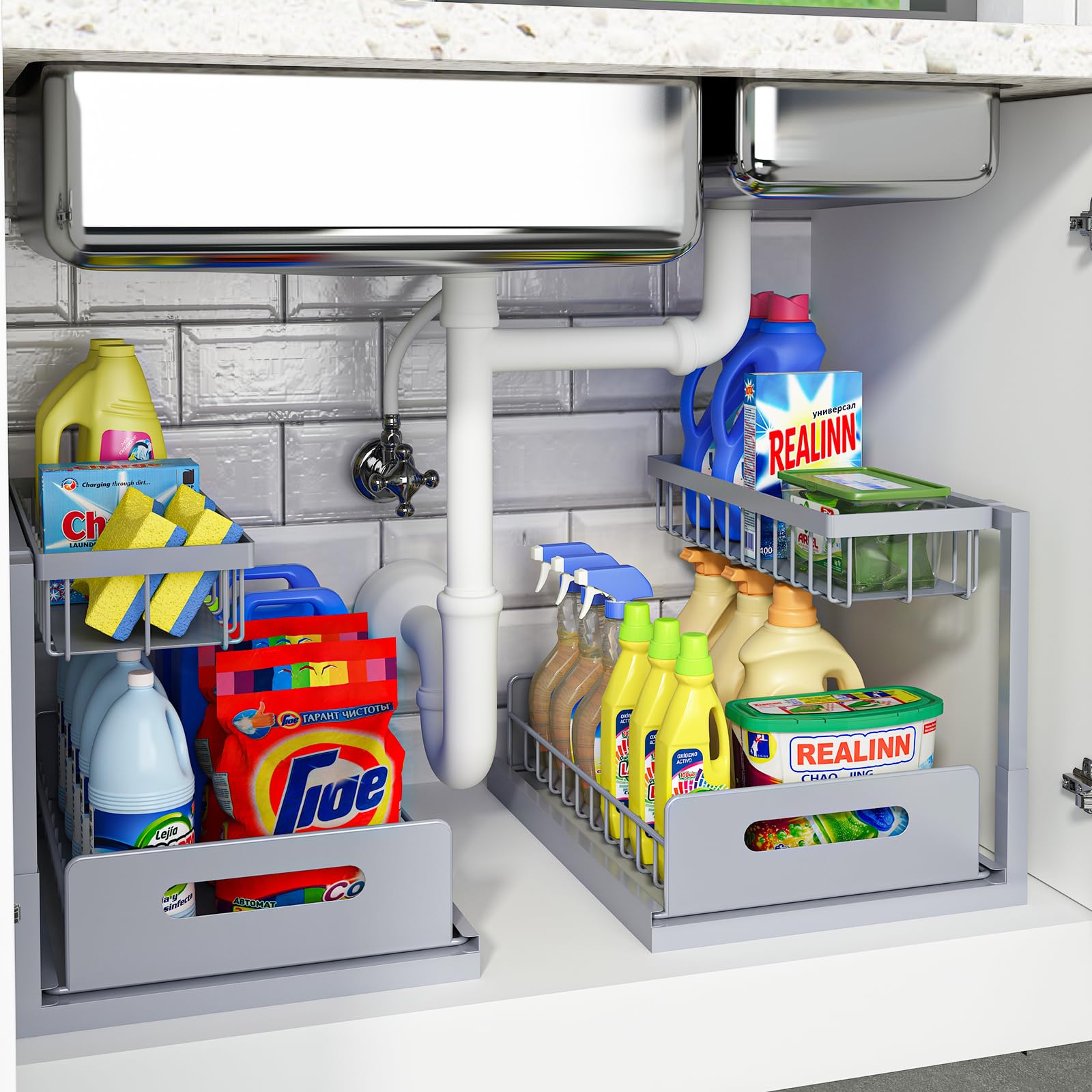 REALINN Under Sink Organizer, L-Shaped 2 Tier Pull Out Cabinet Organizer | For Kitchen an…