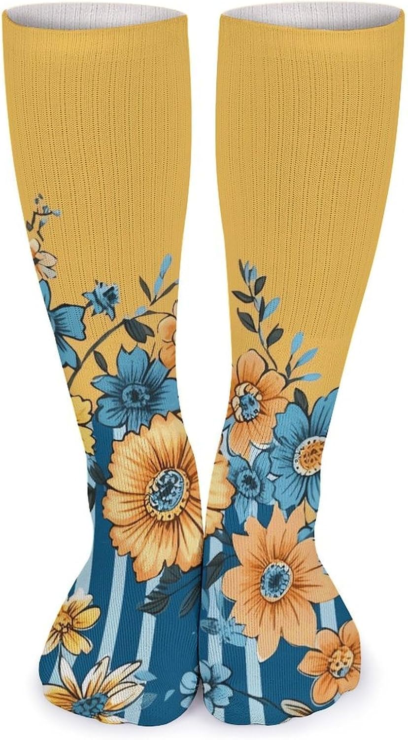 5 Pairs Knee High Socks Yellow Blue Floral Long Tube Boot Seamless Toe