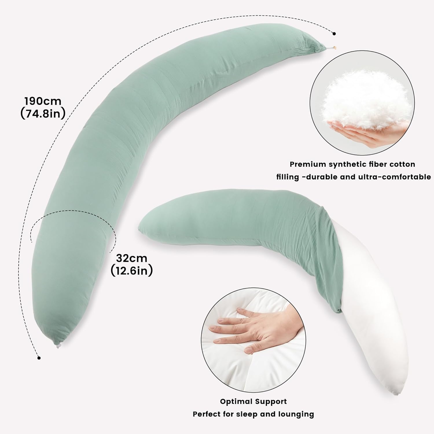 Pregnancy Pillow for Side Sleeping, 74 Inch C Shaped Long Body Pillow, Sleep Bolster Pillow, Maternity Body Pillow with Removable Cover, Soft and Supportive, Light Green