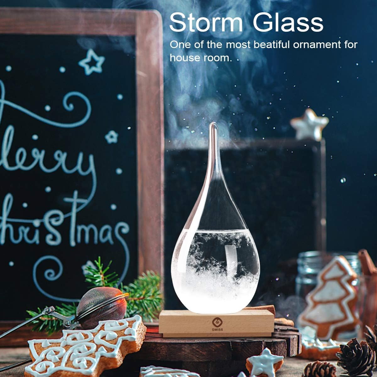 Weihnachtsgeschenke, Sturmglas, Wettervorhersage, Holzsockel, tropfenförmige Vorhersagedekoration, Heimbüro, Wissenschaftsdekoration für Familie und Freunde, einzigartiges Urlaubsgeschenk (L)