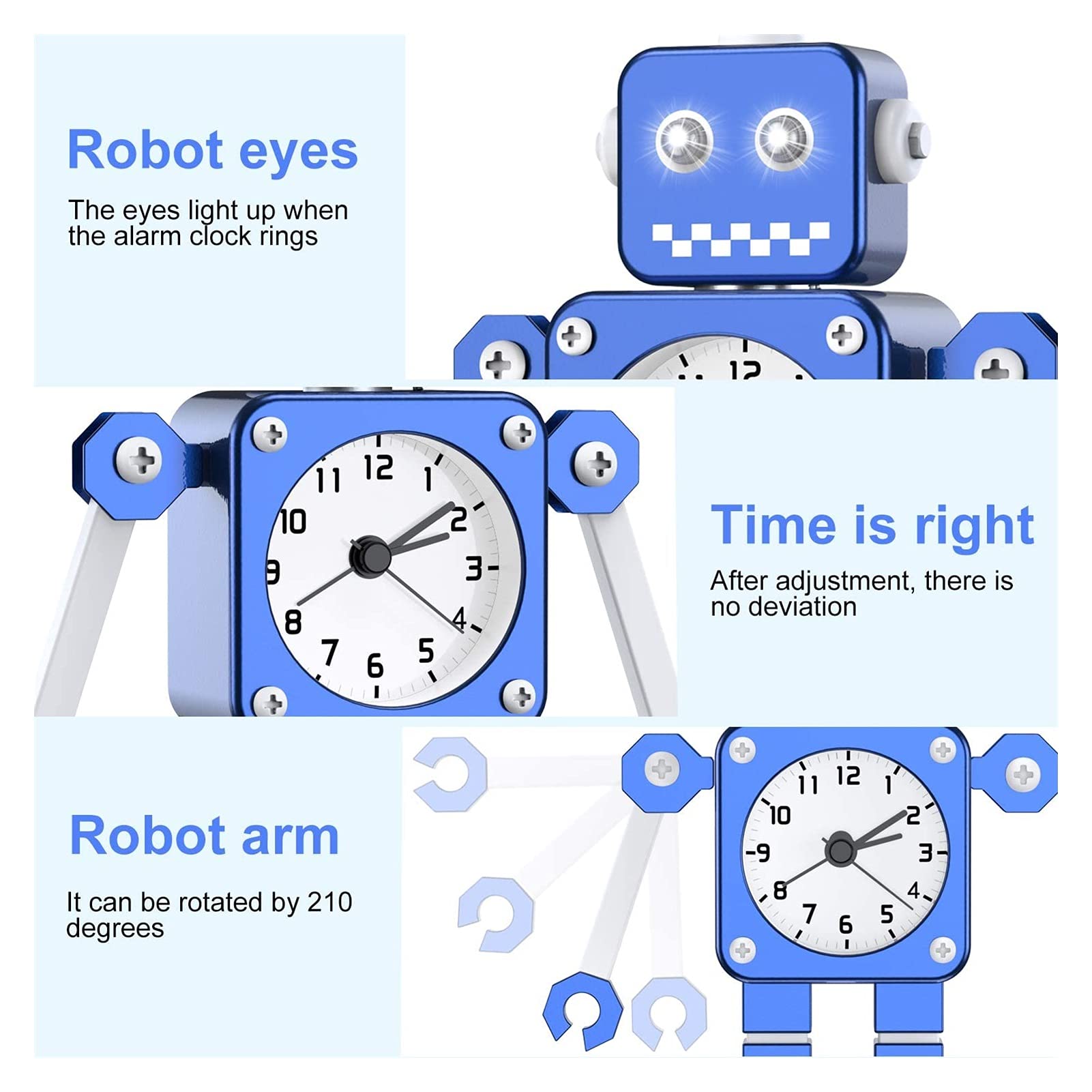 Budzik dla dzieci, robot budzik dzieci analogowy budzik bez tyknięcia cichego budzika dla chłopców dziewcząt, najlepszy prezent (niebieski) (Color : Blue)