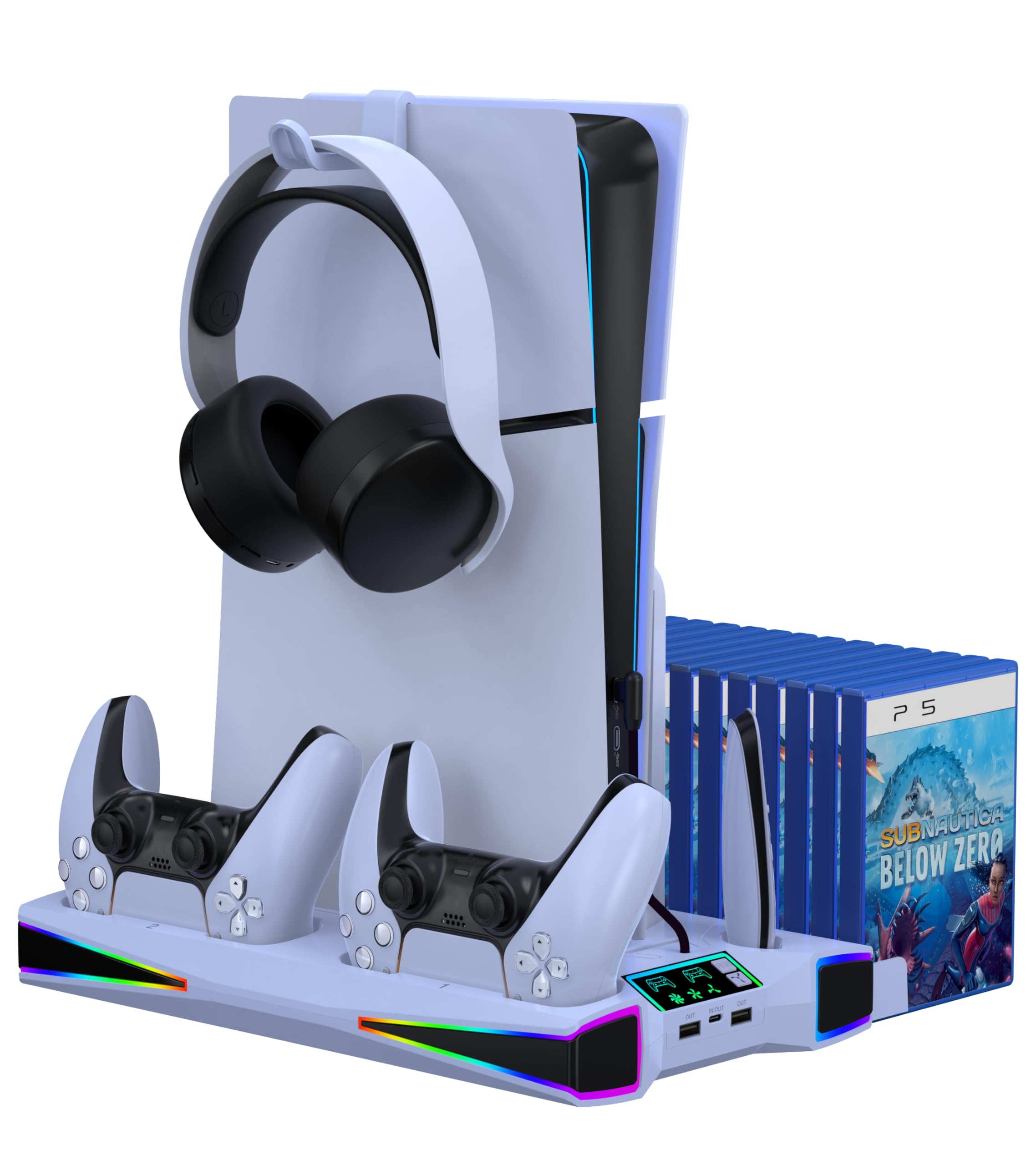 PS5/Slim/Pro Ständer und Kühlstation mit Dual-Controller-Ladestation für PlayStation 5 Konsole, PS5-Zubehör inkl. Controller-Ladegerät, Lüfter, Headset-Halterung, Weiß