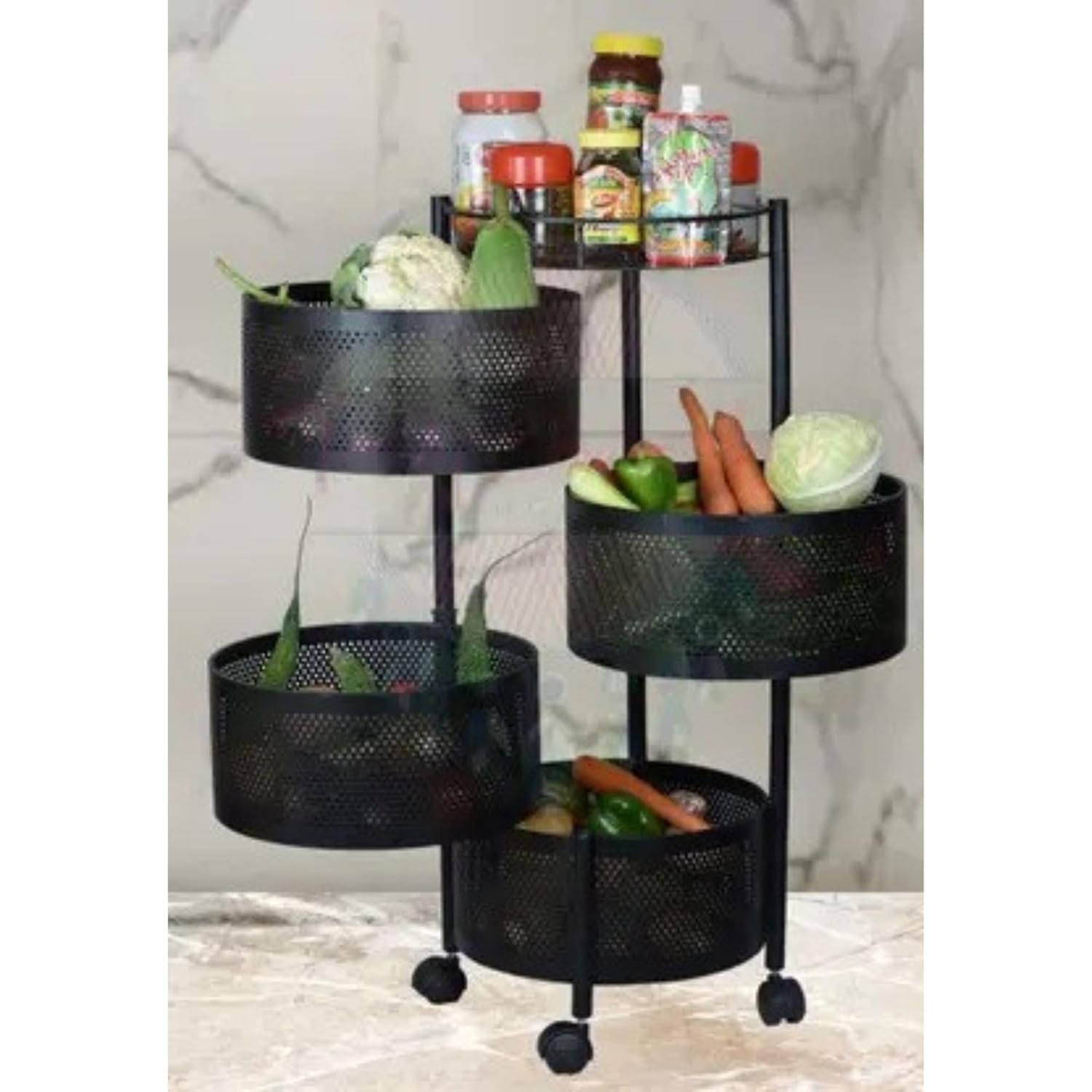 3 Tier Metal Kitchen Trolley Rack with Wheels | Multi-Layer Mesh Basket Organizer Shelf for Vegetables, Fruits & Snacks | Kitchen Storage Rack (Round Black, 3 Layer)