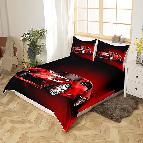 Miniatura 2 de Juego de funda de edredón de coche deportivo, juego de funda de edredón roja de coche de carreras para niños y niñas, juego de ropa de cama con