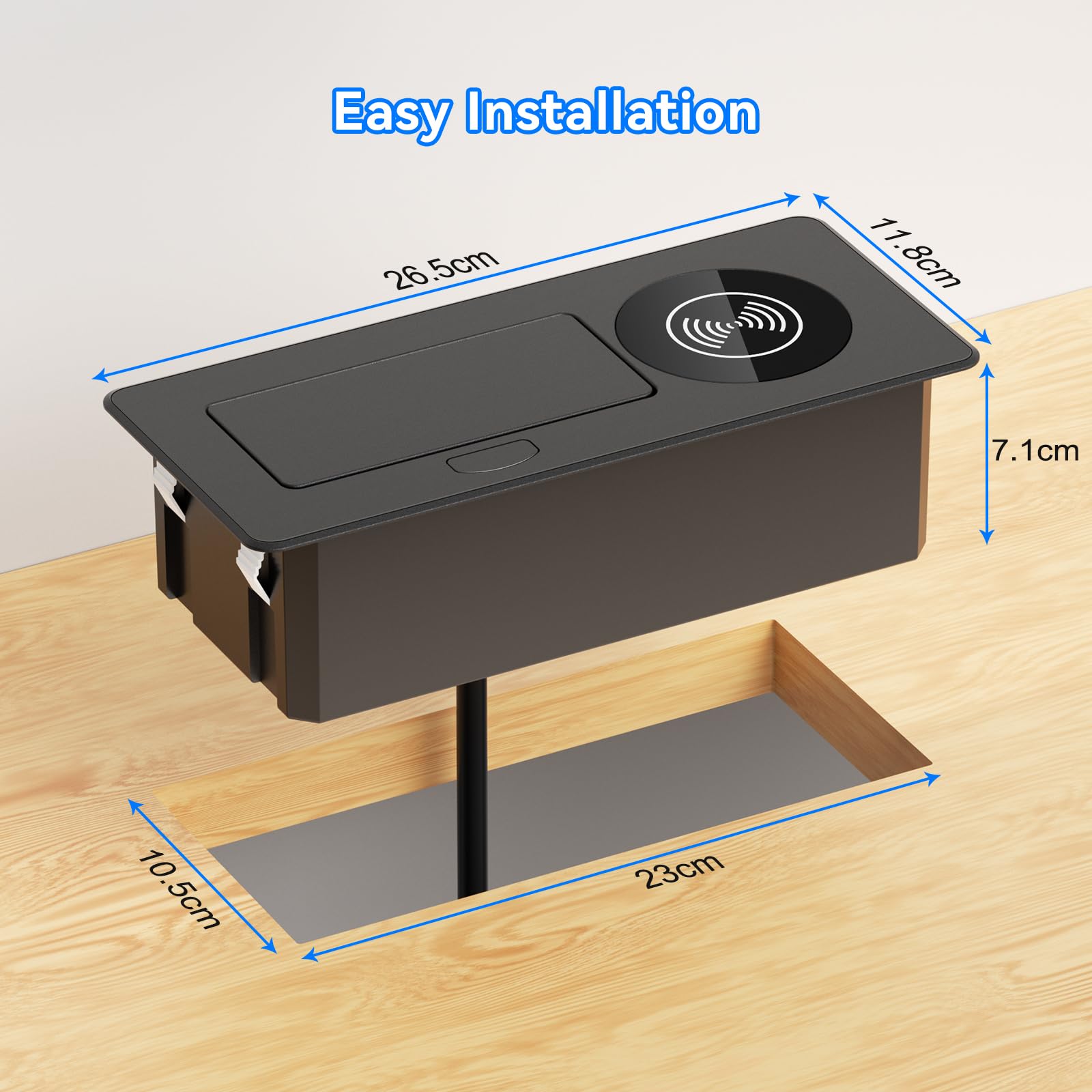 Versenkbare Steckdose mit 6 USB & 15W kabellosem Laden, Schwarz | Einbausteckdose mit USB-C1 PD 30W & USB-A1 30W, 1,8 m Kabel, für Schreibtisch, Büro, Homeoffice & Küche