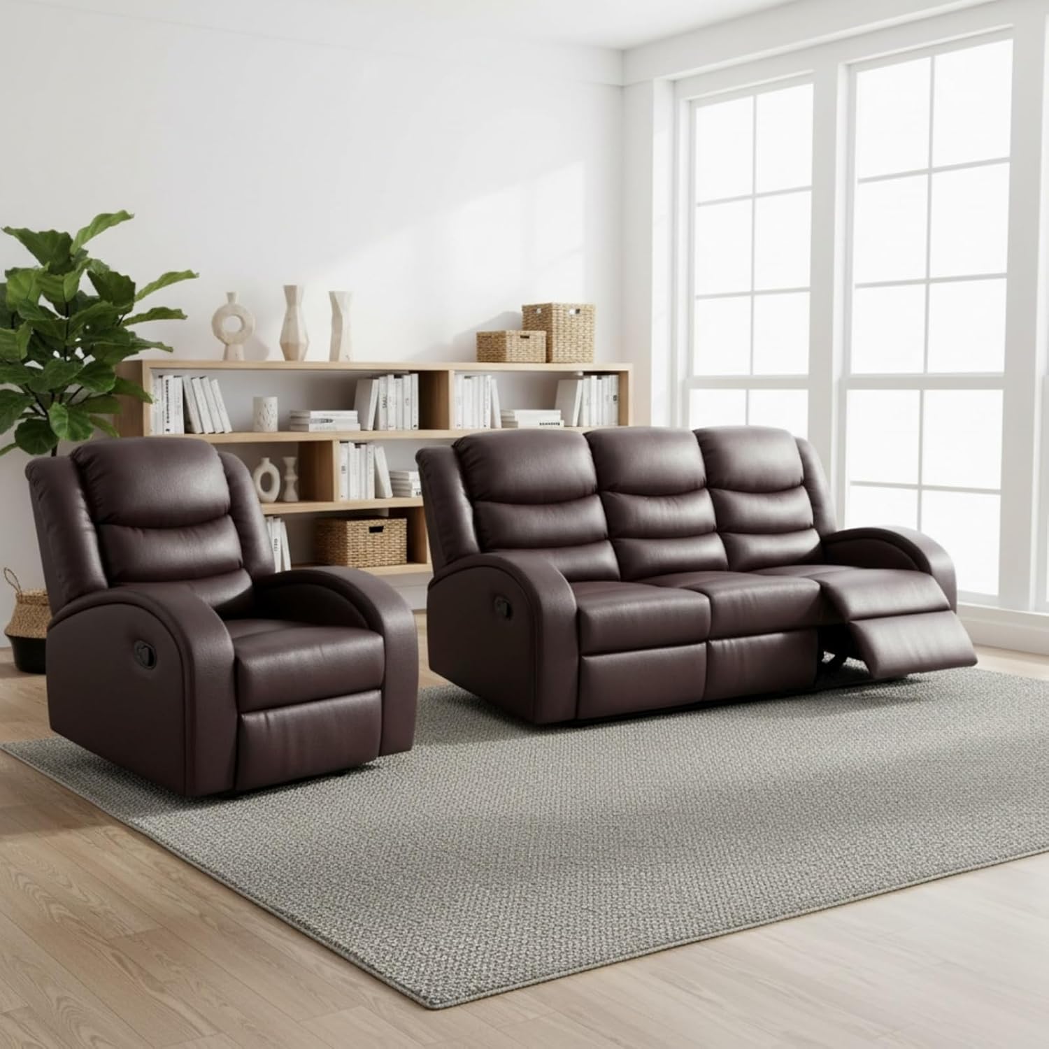 Leather Recliner Sofa Set, Living Room Furniture Set, Adjustable Backrest Reclining 3-Seat Sofa & Manual Recliner Chair, Comfortable Reclining Seats for Home Theater, Apartment, Brown