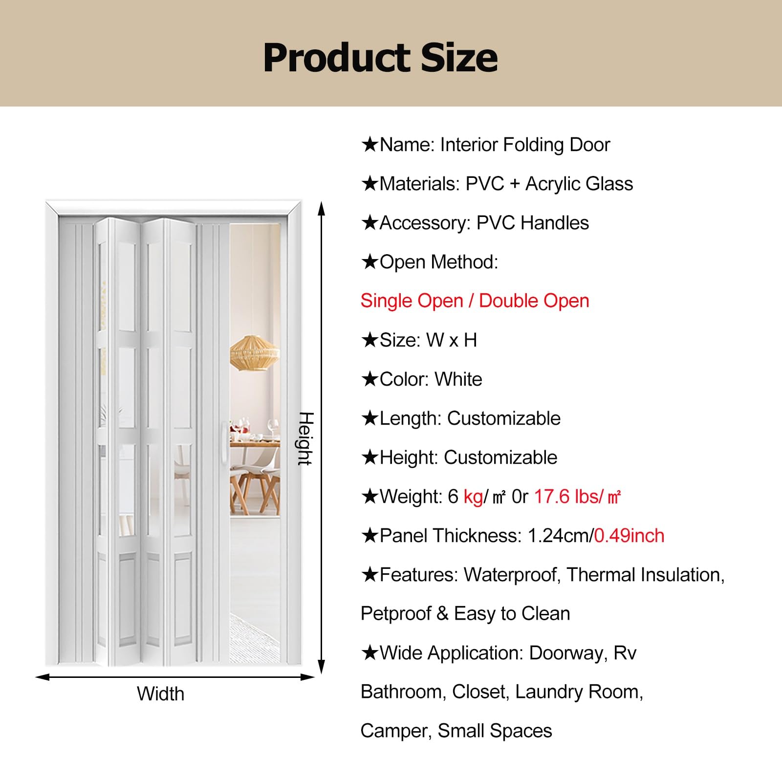 Porte pieghevoli a fisarmonica per interni, 53, 30, 40, 50, 60, 70, 203 cm, bianco, multipiega per armadio, ufficio, hotel, ristorante con ferramenta (119,4 x 203,2 cm)