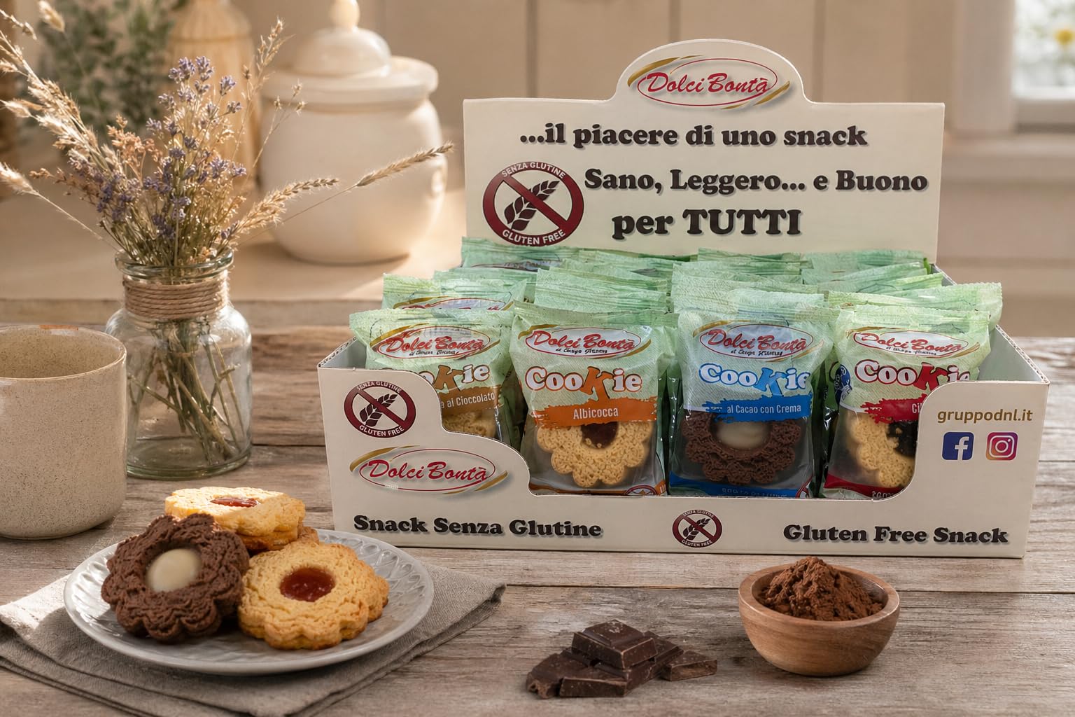 Biscotti Senza Glutine Monoporzione 28 Pezzi da 40g Assortiti 4 Gusti Giandui Albicocca Ciliegia Crema Latte Snack Dolce Box Espositiva Pratica per Casa Ufficio e Bar
