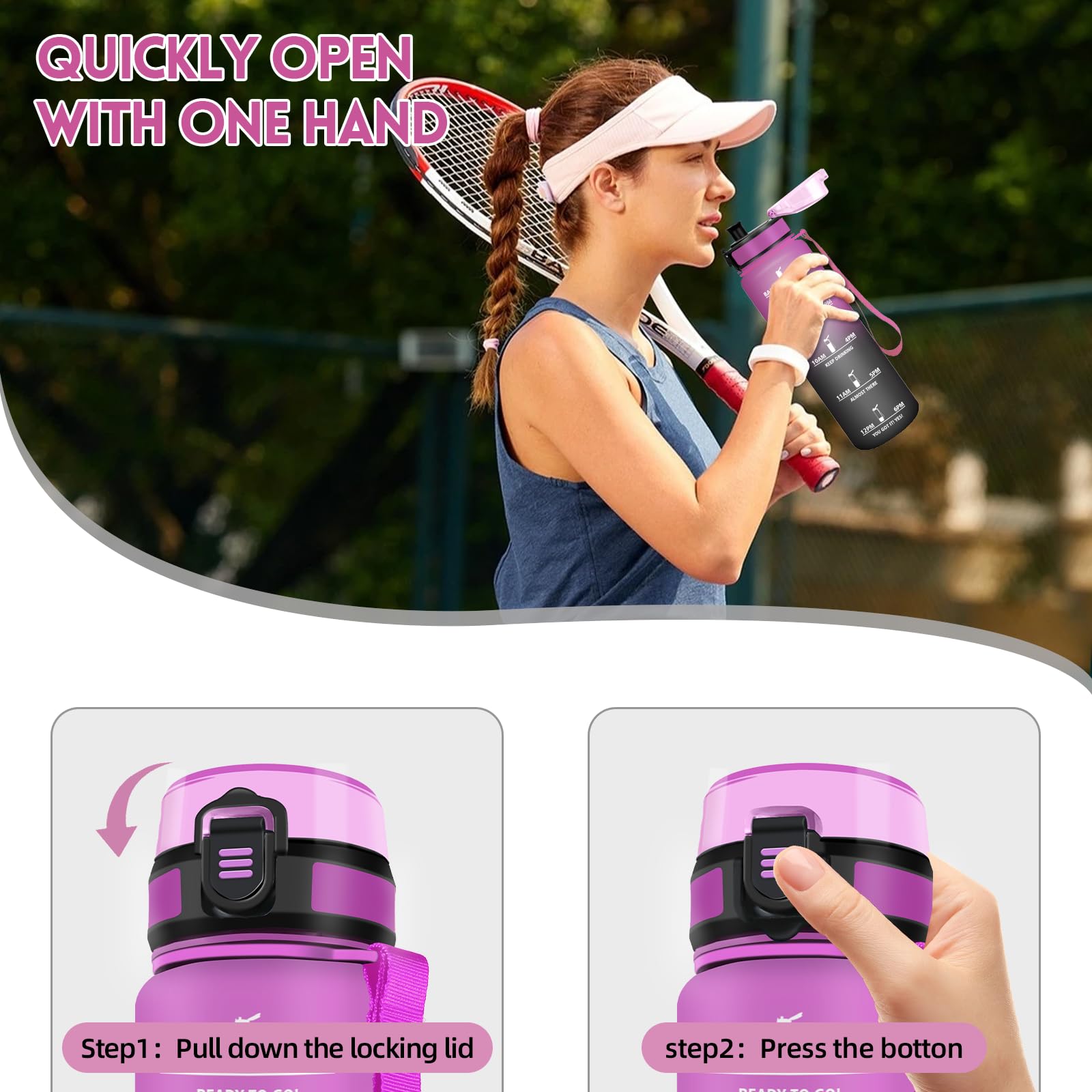 Motswedi Borraccia 1 litro,Riutilizzabile, Borraccia Motivazionale, a Prova di Perdite, Bottiglia Acqua, Senza BPA, Borracce, per Sport, Ufficio, Ciclismo, Palestra, Viola&Nero