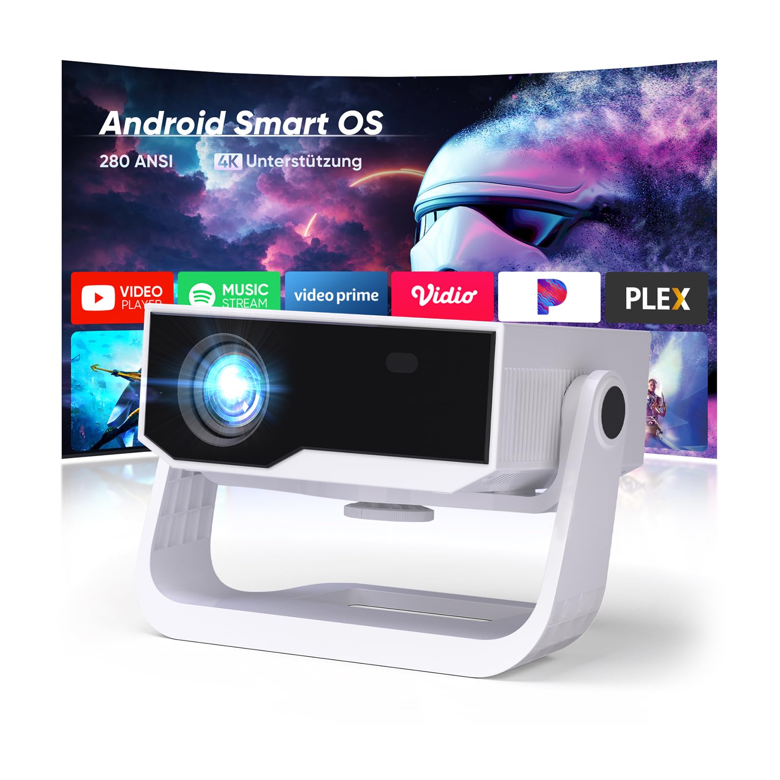 Wielio Upgrade Smart Beamer,integrierter App, Unterstützung 4K,WLAN&BT Projekto, 120° verstellbarem Ständer, vertikale Trapezkorrektur und elektronischer Fokus Heimkino Beamer für Handy/PC