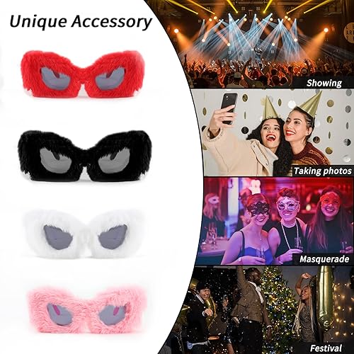 Vista 7 de Feisedy Gafas de sol de ojo de gato para mujer, tipo peluche, estilo punk, suaves, de terciopelo, para damas, hechas a mano, para fiestas, máscaras