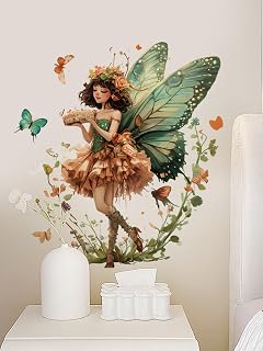 Green Wings Butterfly Fairy Wall Decal, Butterfly Floral Fairy Princess Wall Stickers,Peel and Stick Decorative Home Decor,Removable Vinyl Art for Girls Nursery Bedroom(12.87 * 13.65inches)