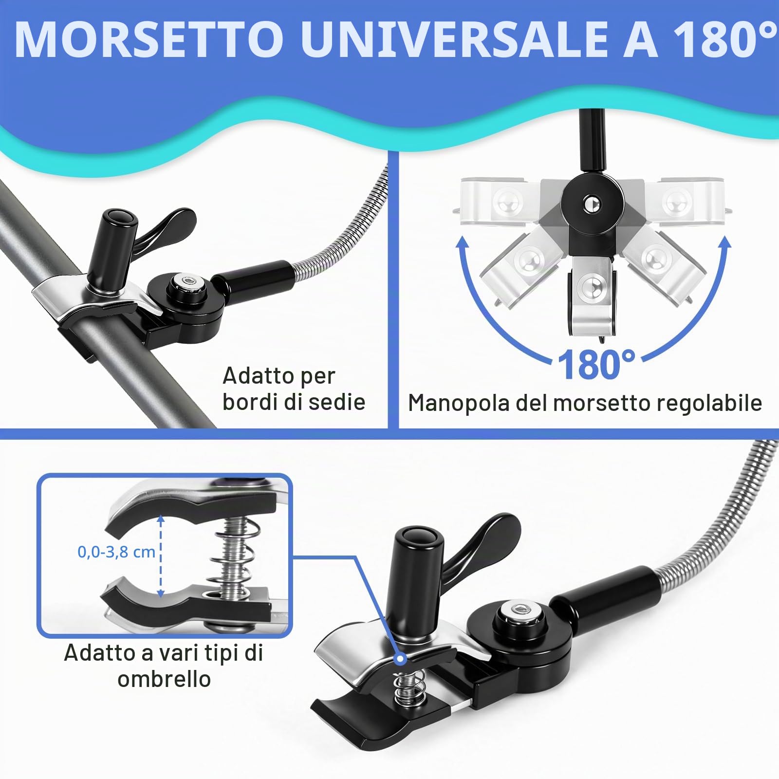 Confezione da 2 Ombrelloni da spiaggia con Morsetto Universale, UPF 50+ 360° Orientabile, Parasole Portatile per sedia da Campeggio, sedia a Rotelle, Sedie da patio, Passeggino