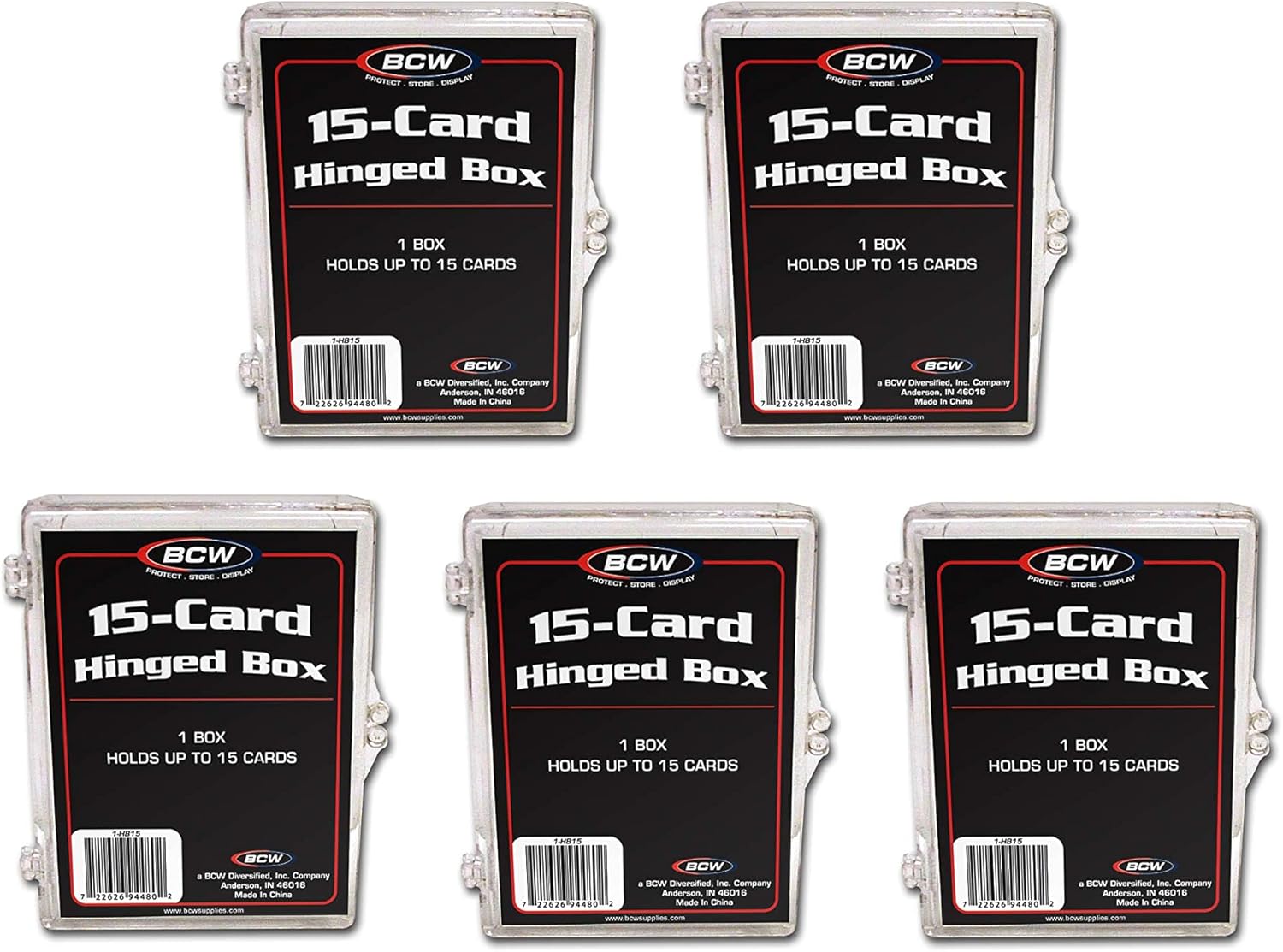 BCW Hinged Trading Card Box – 15 Count - Pack of 5 | Plastic Trading Card Storage Box with Snap Lock | TCG Card Case for Pokémon, MTG, Yugioh | Clear Plastic Card Organizer