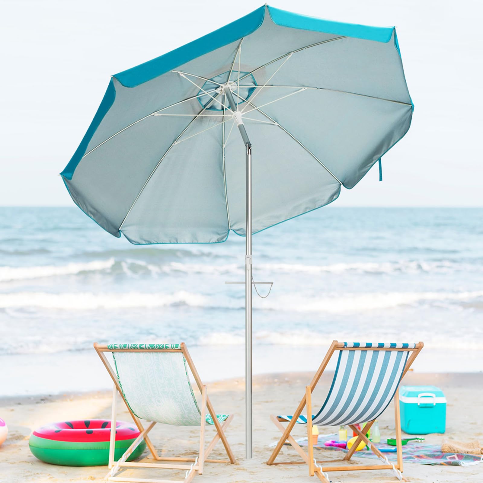 COSTWAY Ombrellone da Spiaggia 198 cm, Parasole Esterno con Palo Inclinabile in Alluminio, Anti UV 50+, 8 Stecche, Blu