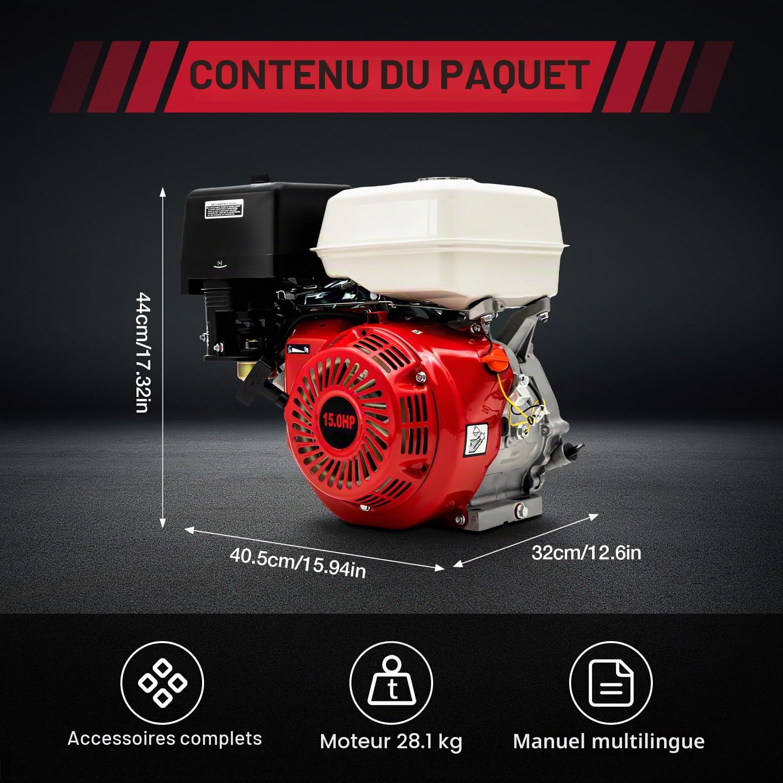 Moteur à essence 4 temps 15 CV 420 cm3 Moteur monocylindre OHV Moteur industriel pour pompes à eau, mini-motos, tondeuses à gazon, fendeur de bois