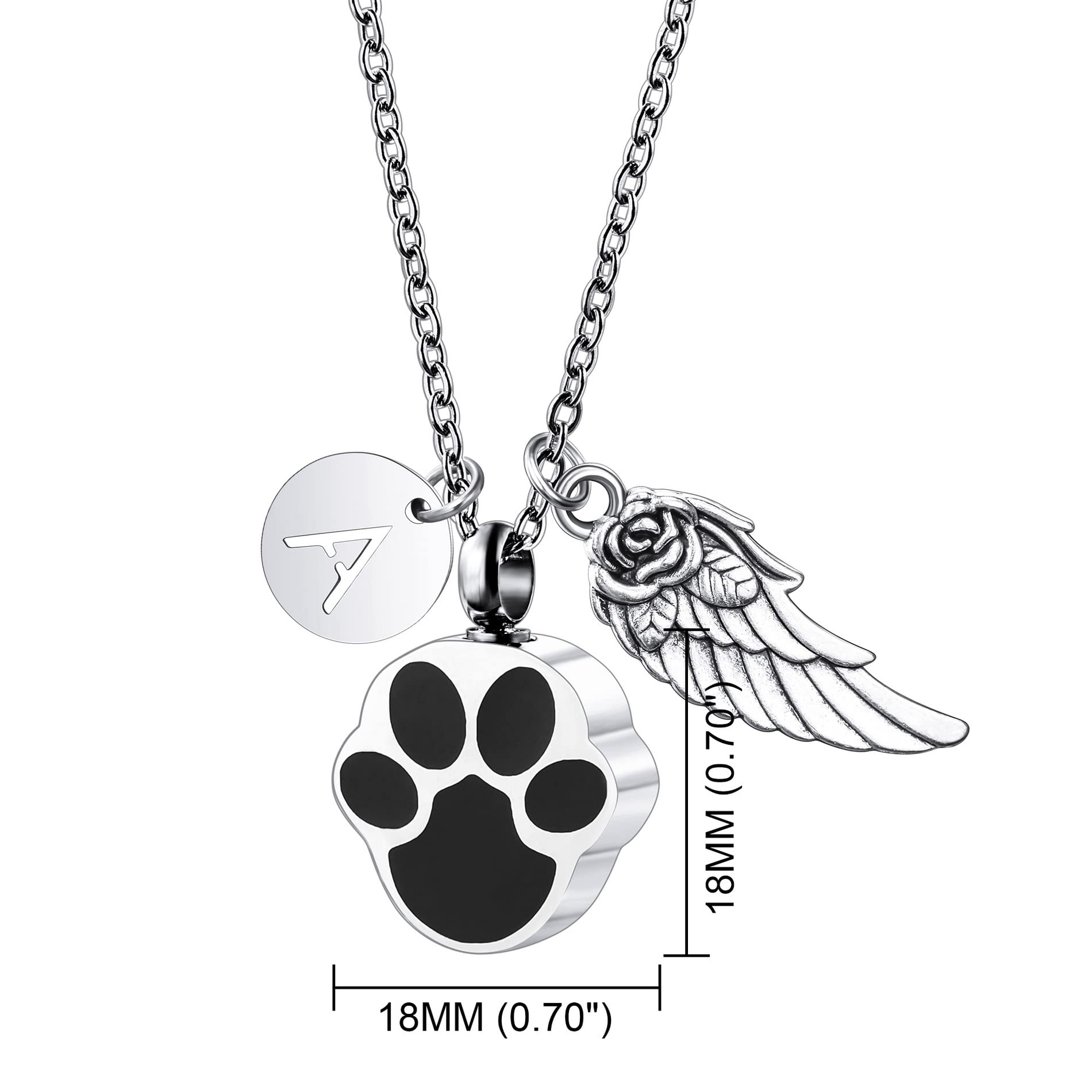 OTXIXTO Personalized Paw Print Ashes Urn Pendant Heart Angel Wings Necklace Engraved Dog Cat Name Photo Date for Women Men Stainless Steel Memorial Pet Keepsake with Key Ring