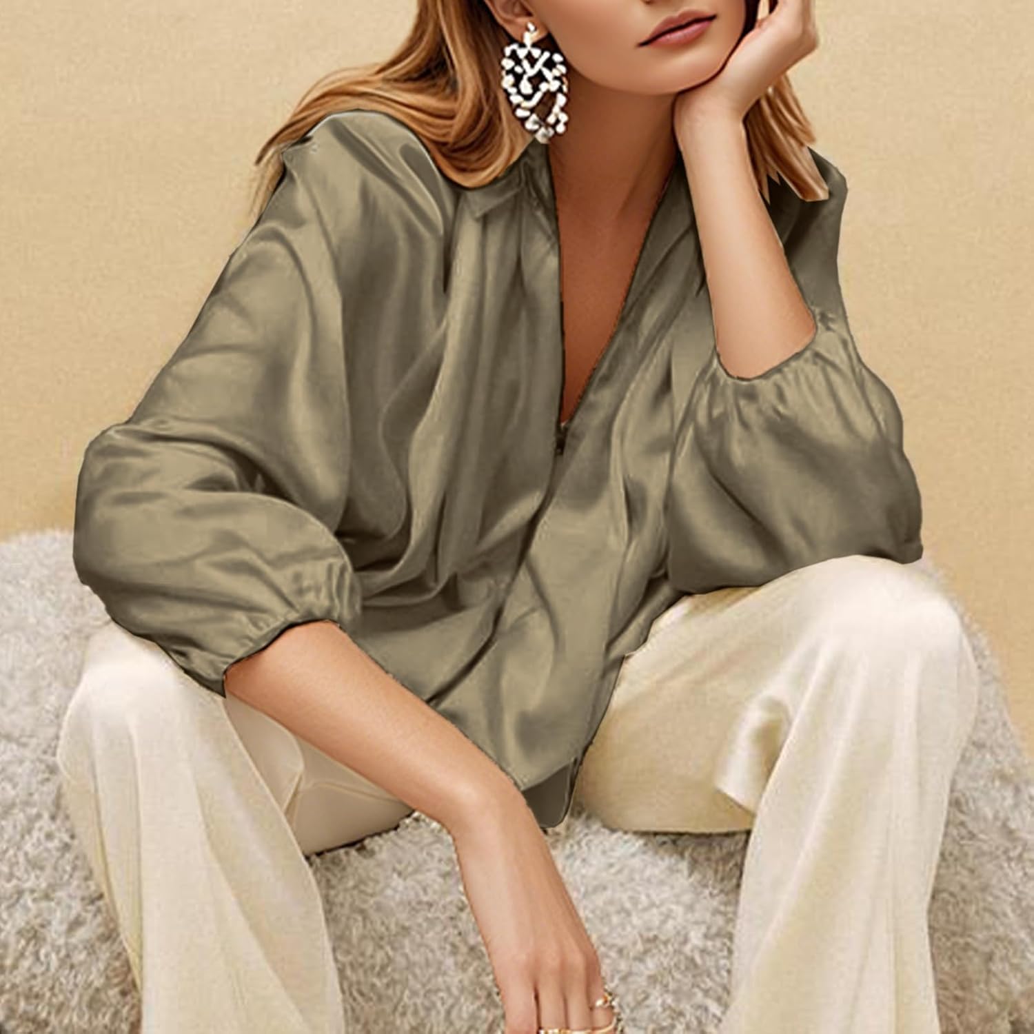 WOWULOVELY Women's Puffed Bomber Jacket Oversized Lapel Collar Streetwear Coat Long Casual Batwing Sleeve Zip Pleated Shirts - Image 3