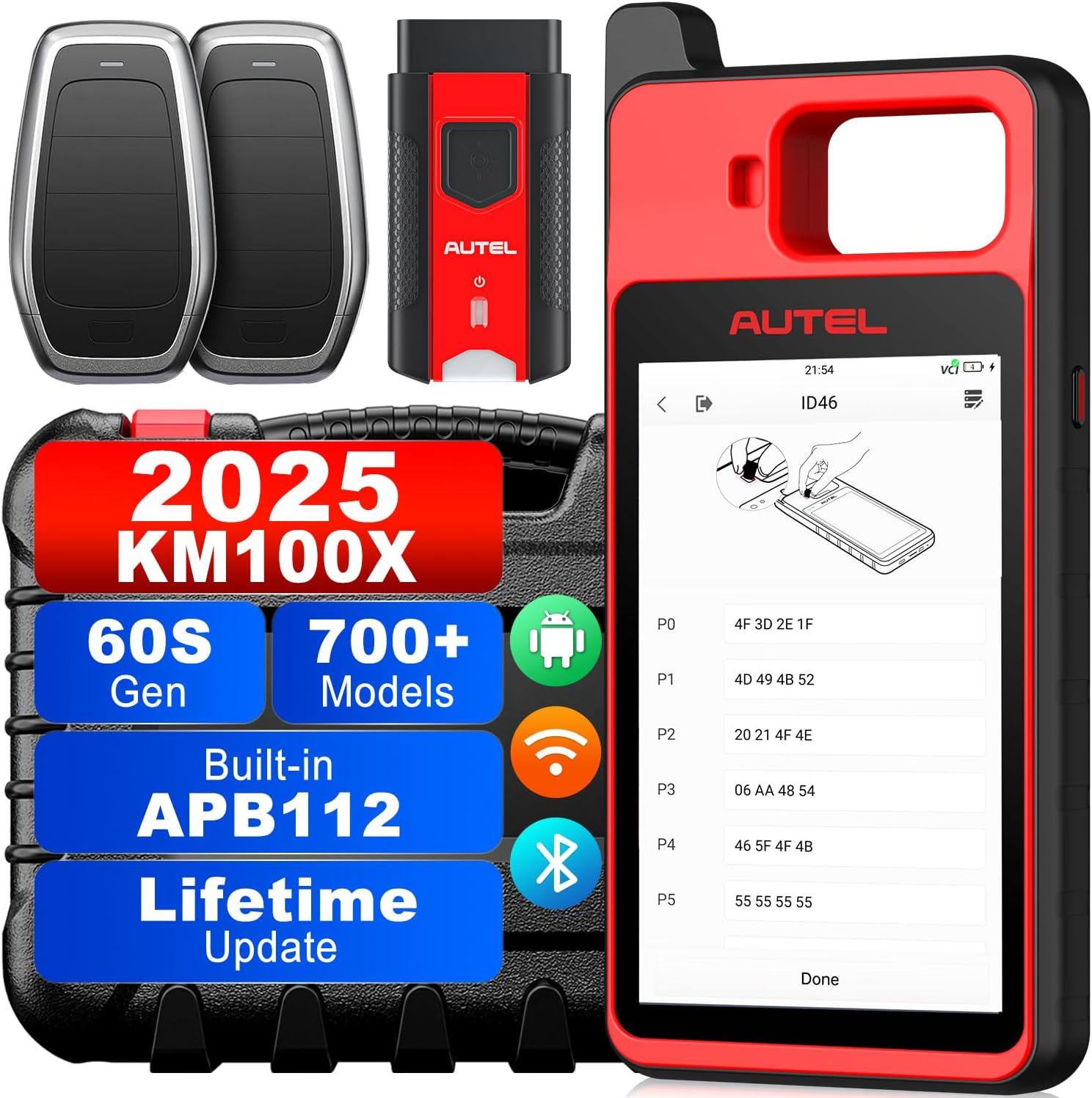 Autel MaxiIM KM100X device, OBD dongle, and two blank keys