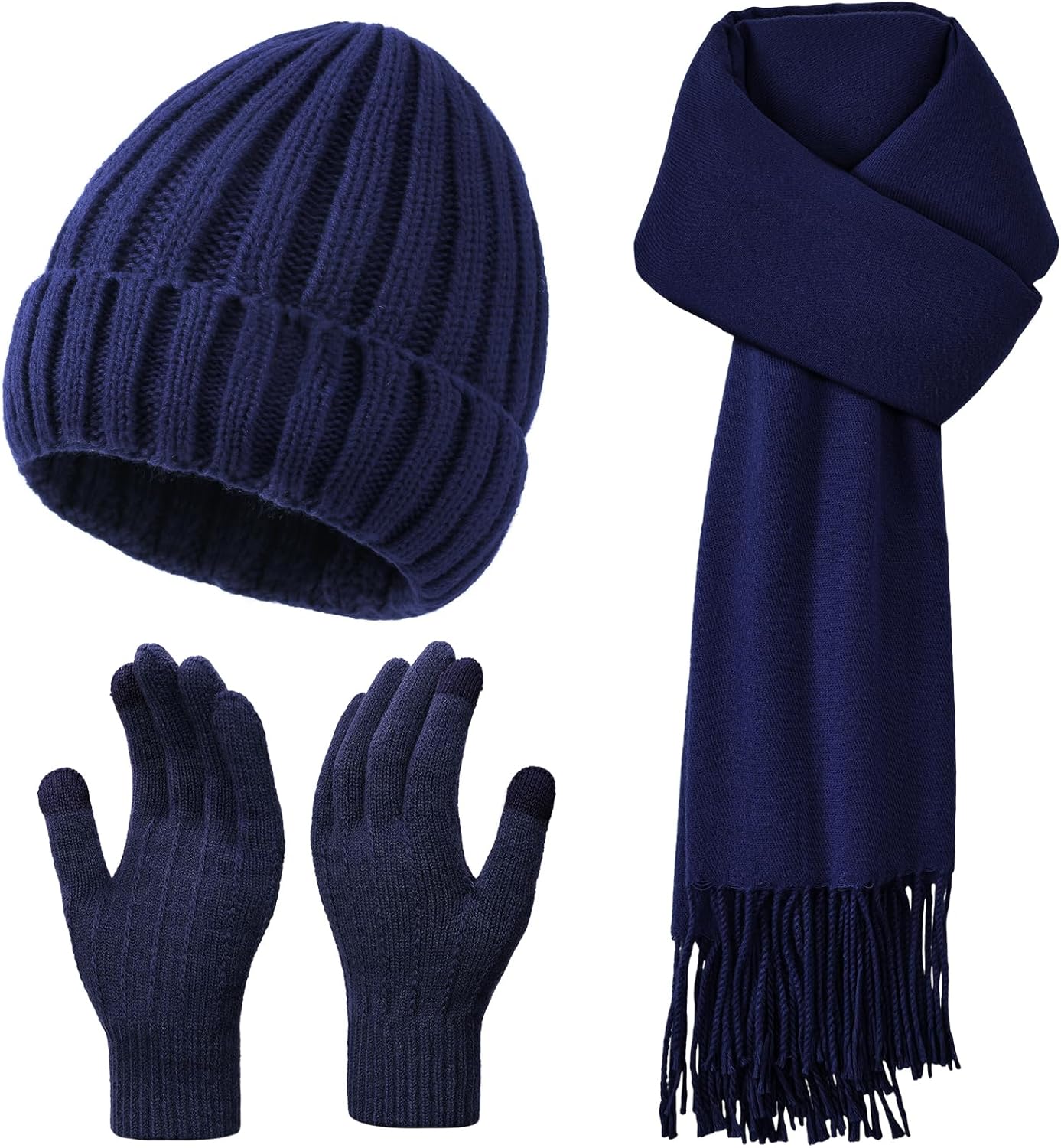 Winter Hat Beanie Long Scarf Touchscreen Gloves Set, 3Pcs Soft Thick Fleece Lined Gloves Skull Cap Scarf Set for Women Men