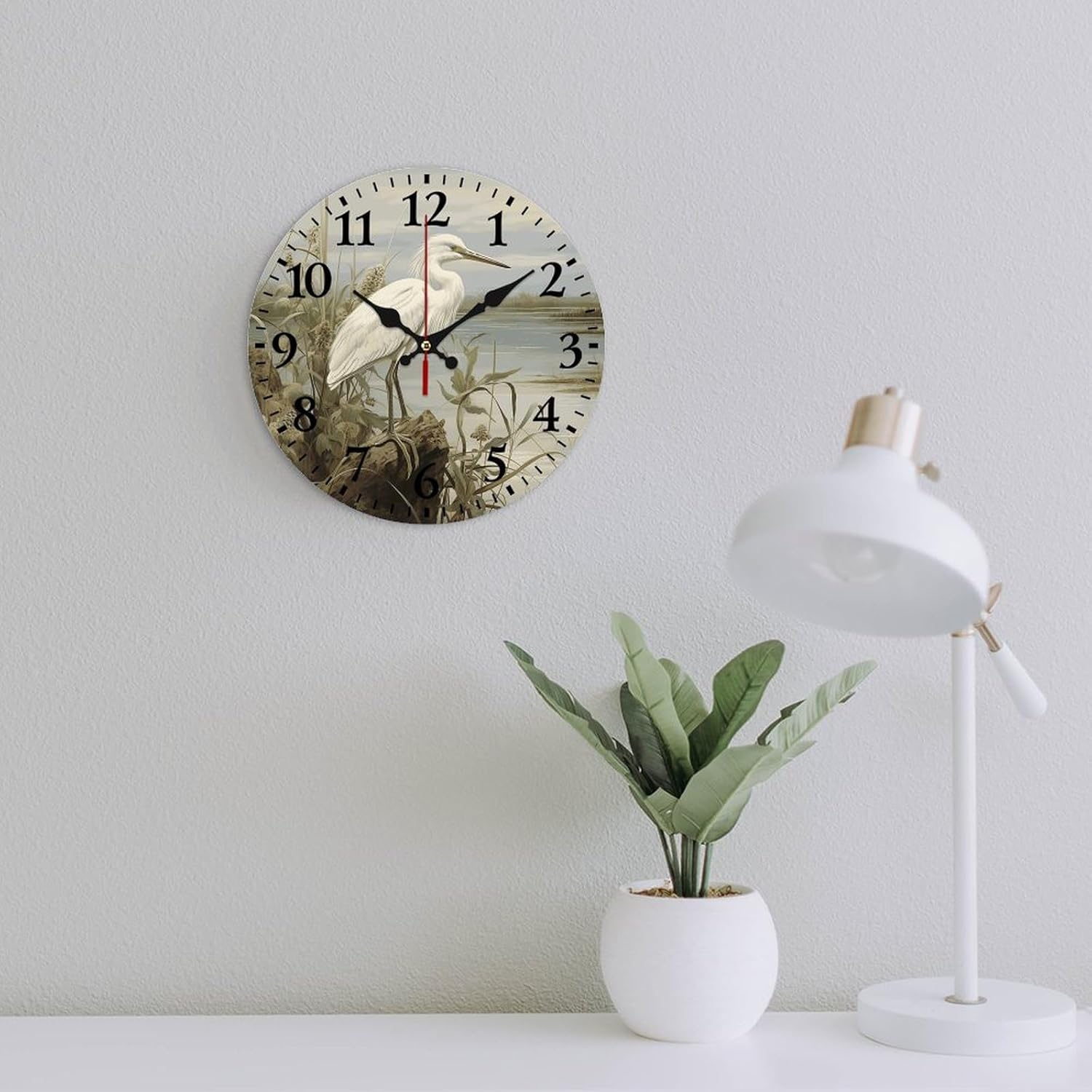 10 Inch Wall Clock Swamp Egret Clock Battery Operated Wall Clocks Silent Non-Tcking Round Wallpaper for Lving Room Round Decorative Wall Clock for Kitchen Home Office Wall Decoratve Clock