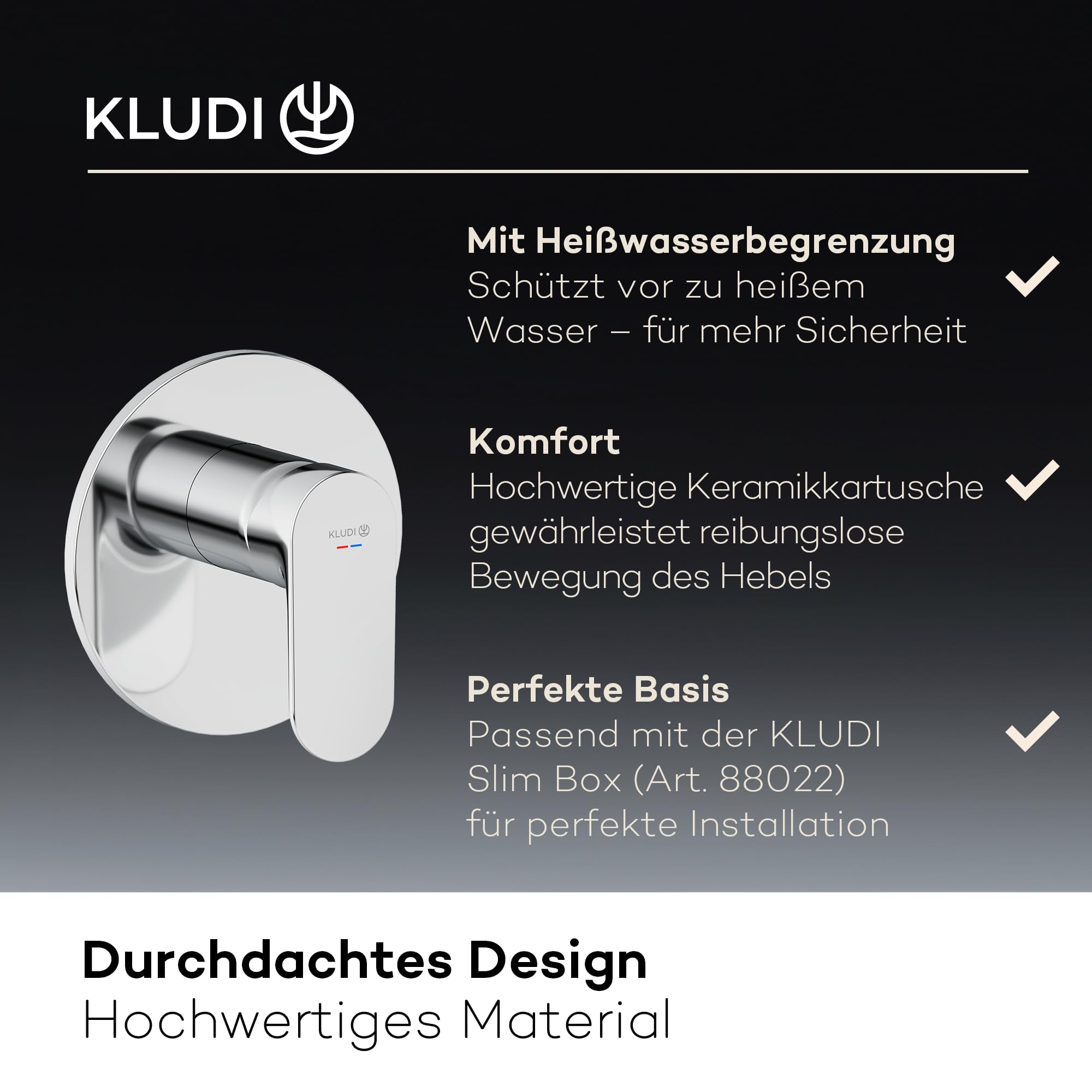 KLUDI - X1 Grifo de ducha empotrado con limitador de agua caliente, mezclador monomando con cartucho de cerámica de alta calidad para el baño, cromo, accesorios necesarios Kludi Slimbox (Art. 88022)