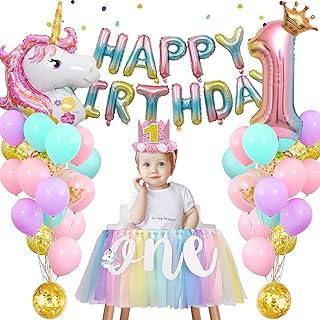 Unicorn 1st Birthday Decorations for Girl, Unicorn Themed First Birthday Party Decorations Balloons High Chair Banner Number 1 Balloon for Baby Girl Birthday Party Supplies