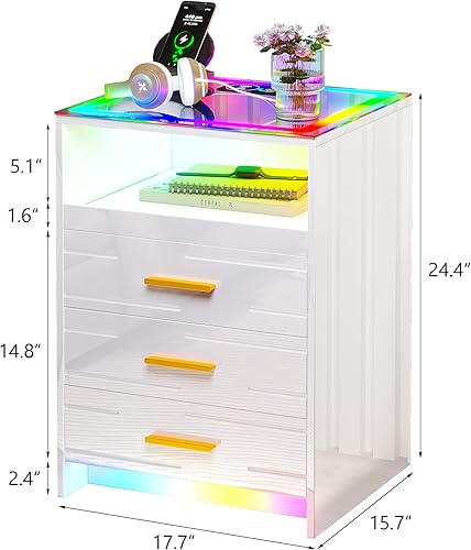 Miniatura 10 de HNEBC Mesita de noche LED RGB con estación de carga, mesita de noche negra con 3 cajones, mesita de noche inteligente con puertos de carga