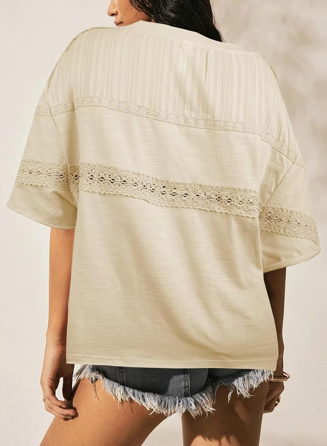 Womens Summer Tops Oversized Short Sleeve Boho Casual Shirts Flowy Lace Crochet Eyelet Loose Blouse Trendy 2025 - Image 3
