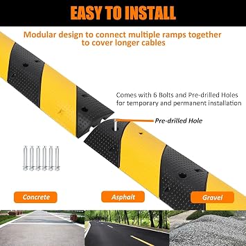 3.3 Ft Speed Bump 2 Pack Modular Rubber Speed Bump for Road Driveway | 2.4 Inch High Speed Humps 25000 LBS Capacity, 2 Channel Cable Protector Ramps with 6 Bolt Spikes for Asphalt Concrete Grave
