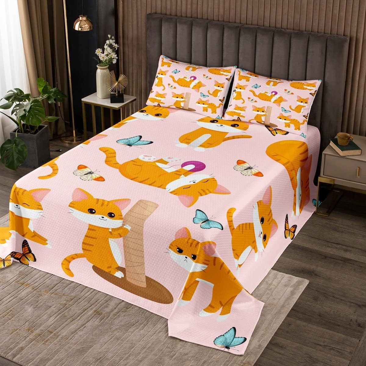 Erosebridal Kawaii Cat Bedding Set for Toddler Butterfly Bedspread Twin Size, Cute Kitten Quilt Sets Orange Pet Coverlet Set, Lovely Animal Pattern Bedroom Accessories Decoratives 2pcs, Pink