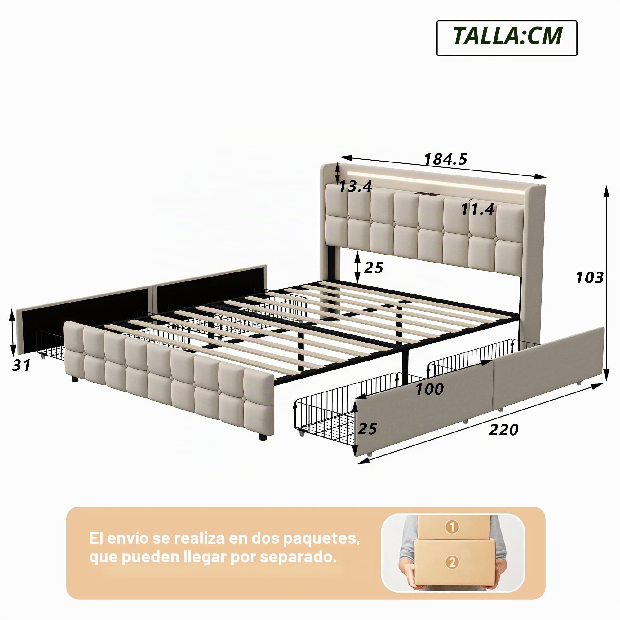 Cama Tapizada 180x200, Cama Doble con 4 Cajones, Cama Doble Tapizada con Somier, Cama Acolchada con USB y Luz LED, Marco de Cama con Cabecero, Cama de Matrimonio (Beige, Lino A, 180 × 200 cm)