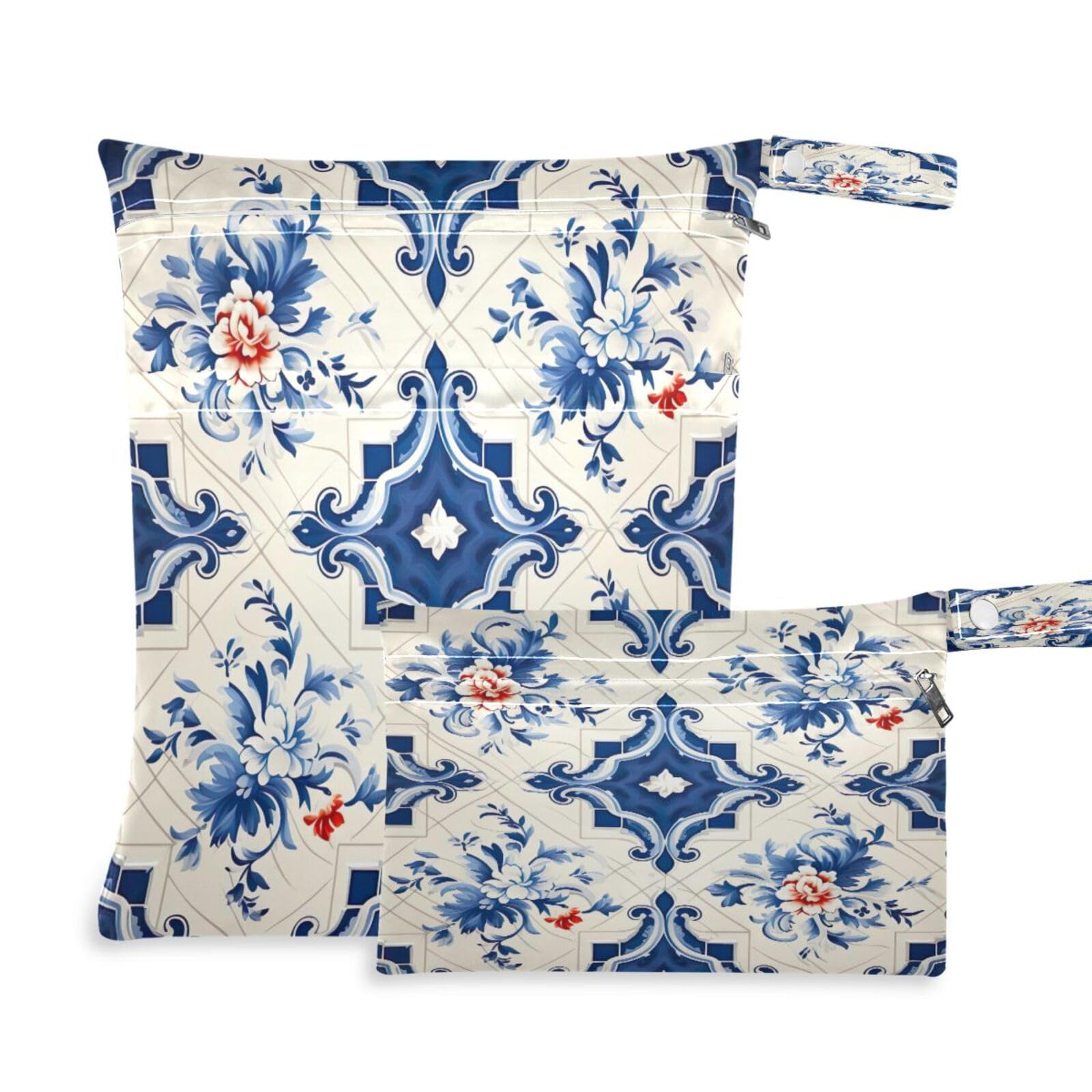 ATTX Blue Vintage Tiles Wet Dry Bags 2-Pack - Reusable Cloth Diaper Storage for Travel, Beach & Gym | Multi-Use Waterproof Bags for Swimsuits, Baby Clothes, Sports Gear#255