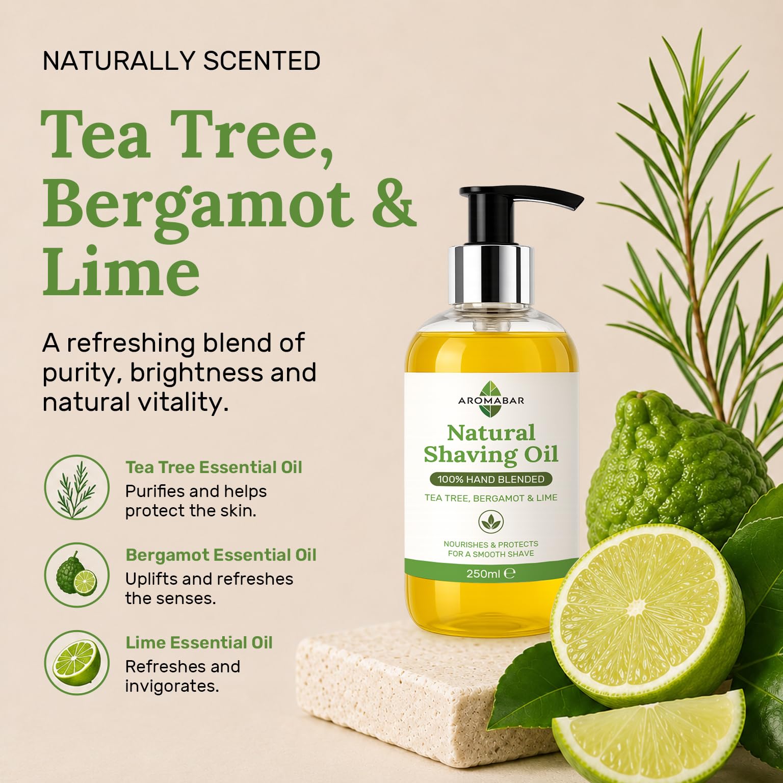 Huile de rasage naturelle Arbre à thé Bergamote & Citron vert 250 ml