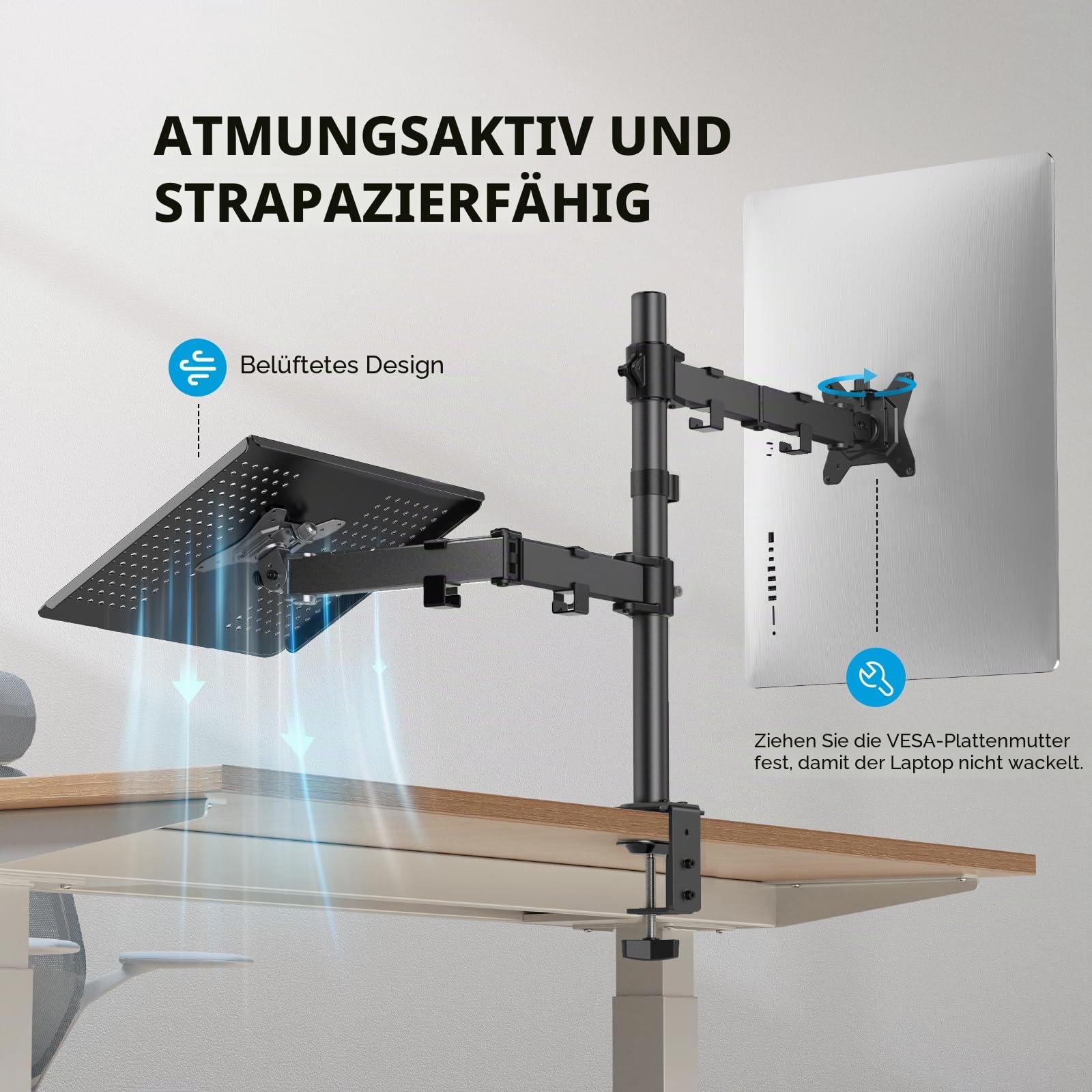 HUANUO Monitor Halterung mit Laptop Arm, Monitor Laptop Halterung für 13-32 Zoll Bildschirmhalterung 1 Monitor & 17 Zoll Notebook, VESA 75/10, Gaming