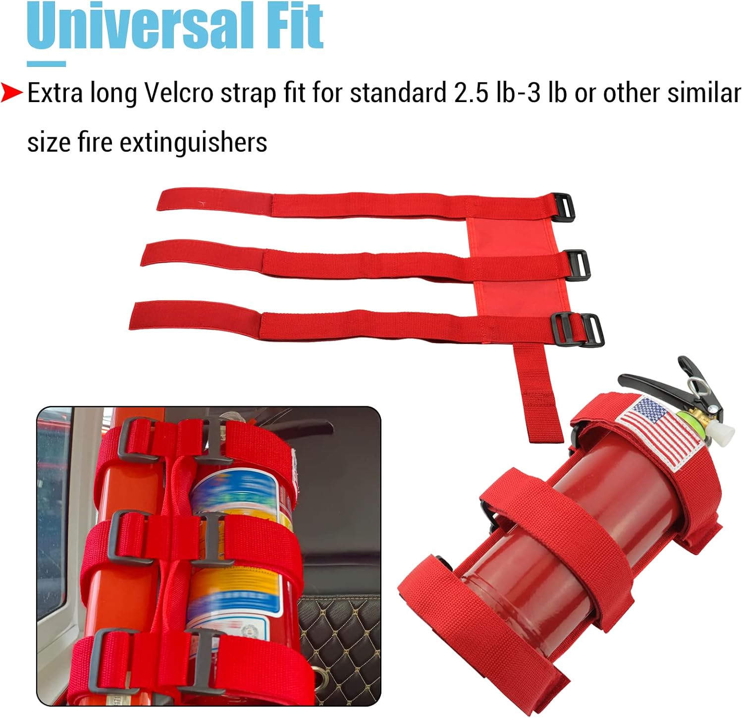 Fire Extinguisher Holder Rollbar Adjustable Strap Bracket for Jeep Wrangler | Unlimited CJ YJ TJ LJ JK JKU JL JLU Red with USA Flag Pattern