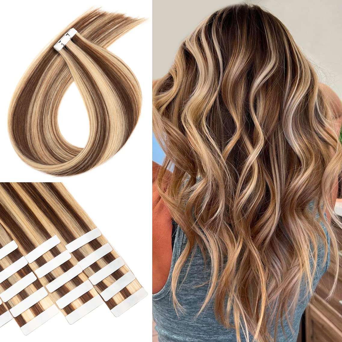 Tape In Hair Extensions Human Hair Medium Brown Mixed with Bleach Blonde 50g/Pack 20pieces Straight Seamless Skin Weft PU Tape In Real Human Hair Extensions 18 Inch #P4/613