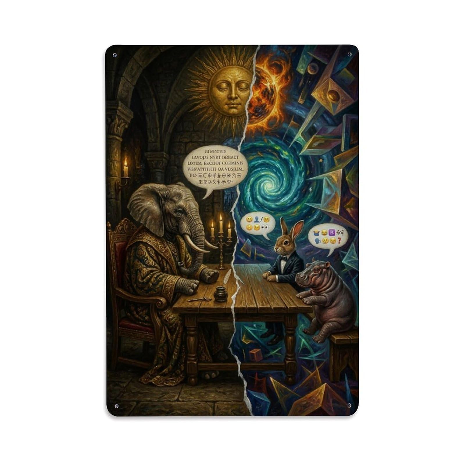Safari Wildlife Surreal Vintage Elephant Tech Dialogue Satire Metal Tin Sign Plaque Wall Decor for Cafe, Man Cave, Club Bar, Office, Home Garden Round Metal Poster 8x12Inch