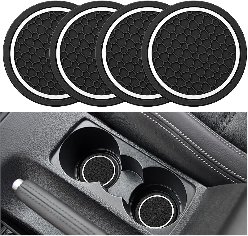 Jogo com 4 Tapetes para Porta-Copos Automotivo Guilcam em PVC Antiderrapante Preto e Branco, 7 cm