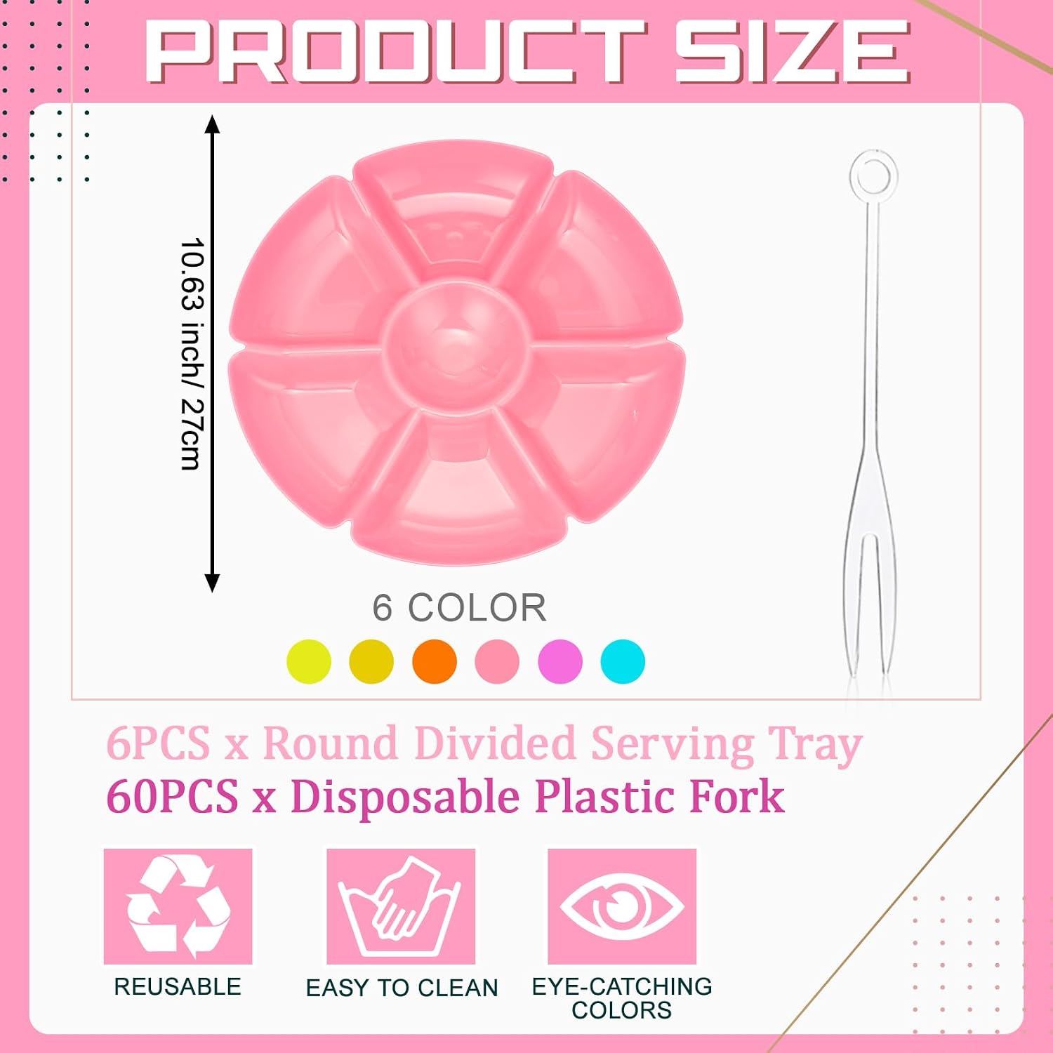 Zhehao 6 Pcs Plastic Divided Serving Trays with 60 Pcs Disposable Fork, 7 Compartments Round Chip Dip Plate, Petal Shape Platter, 10.6'' Snacks Serving Dish for Party Candy Nuts Fruits (Vibrant Color)