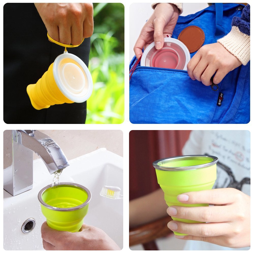 Winterworm Set di 6 tazze pieghevoli con coperchio, 170,1 g, in silicone, pieghevole, tazza da caffè, portatile, per campeggio, escursionismo, picnic