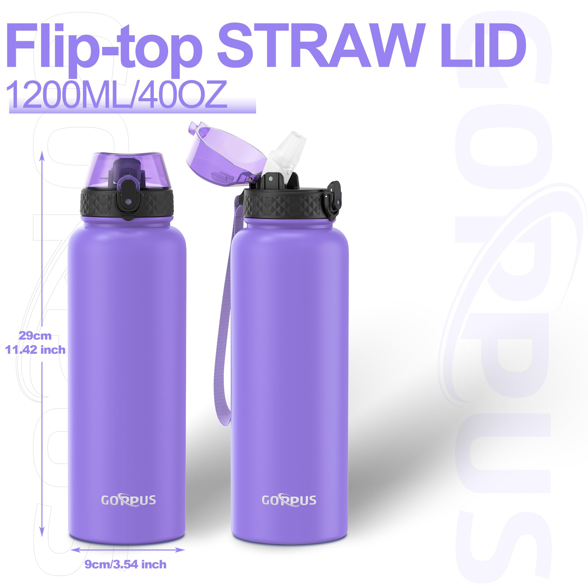 GOPPUS 1.2L/40oz Stainless Water Bottle with Straw Double Wall Insulated Bottles with Strap Large Vacuum Thermal Flask Leakproof Keep Cold Drinks Bottles with Flip Top Lid for Men Women BPA Free - Image 4
